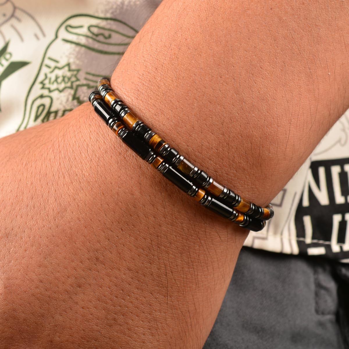Casvia Men's Black Onyx Hematite Tiger Eye Chakra Beaded Gemstone Bracelet, Handmade Adjustable Dual Clasp 6.89-8.8 Inches, Comfort Fit Everyday Wear, Ideal Gift for Him
