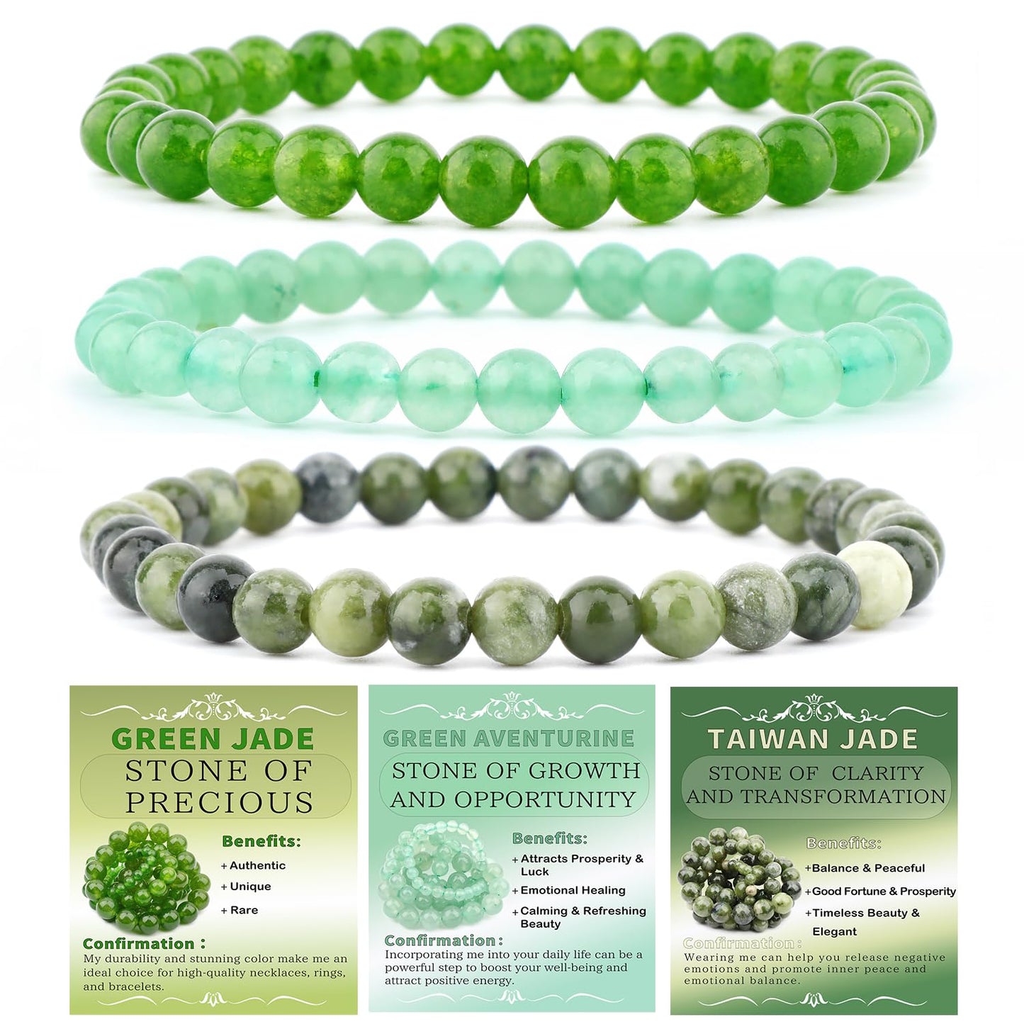 NCB 3-Piece 6mm Natural Crystal Gemstone Stretch Bracelets – ﻿Green Jade, Green Aventurine, Taiwan Jade Handmade Reiki Energy Healing Jewelry for Meditation,Yoga, Unisex