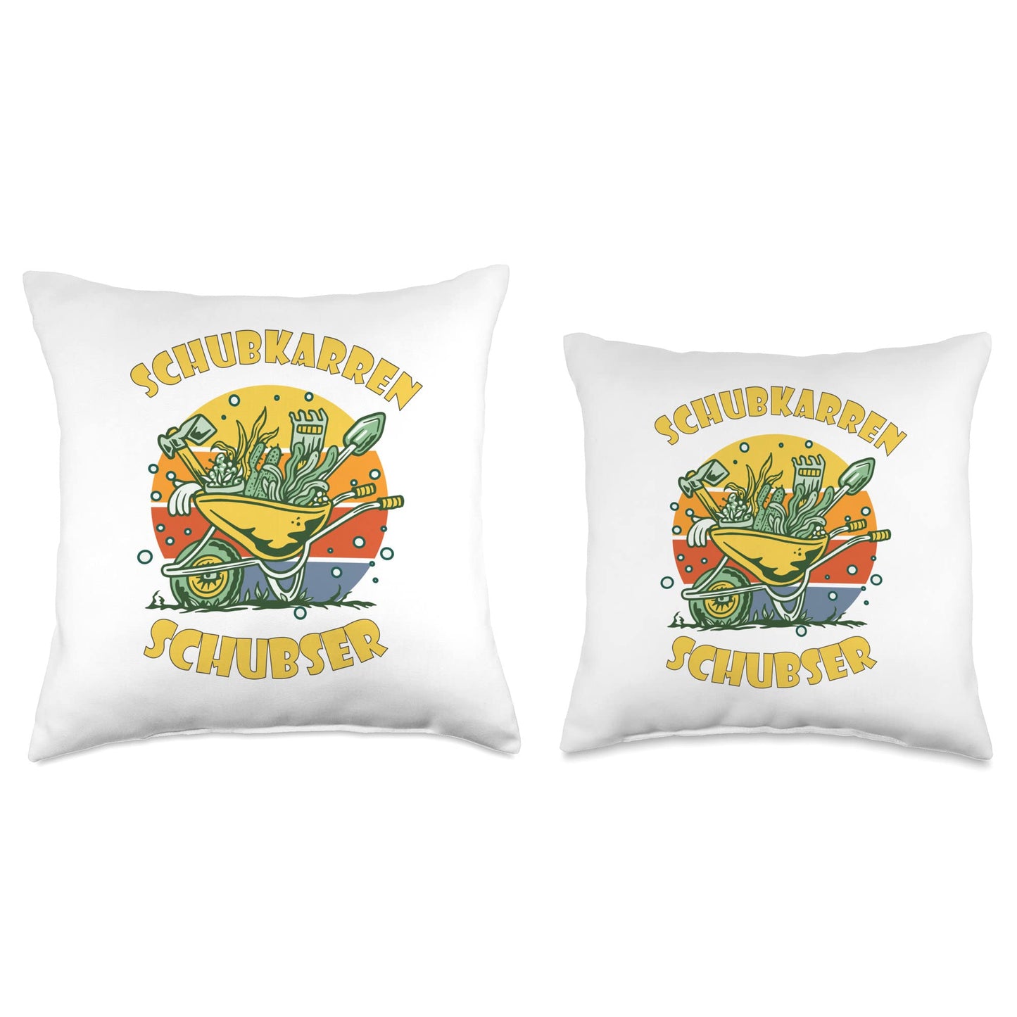 Gardening fun. Wheelbarrow pusher, barrow Garden Gardens Throw Pillow
