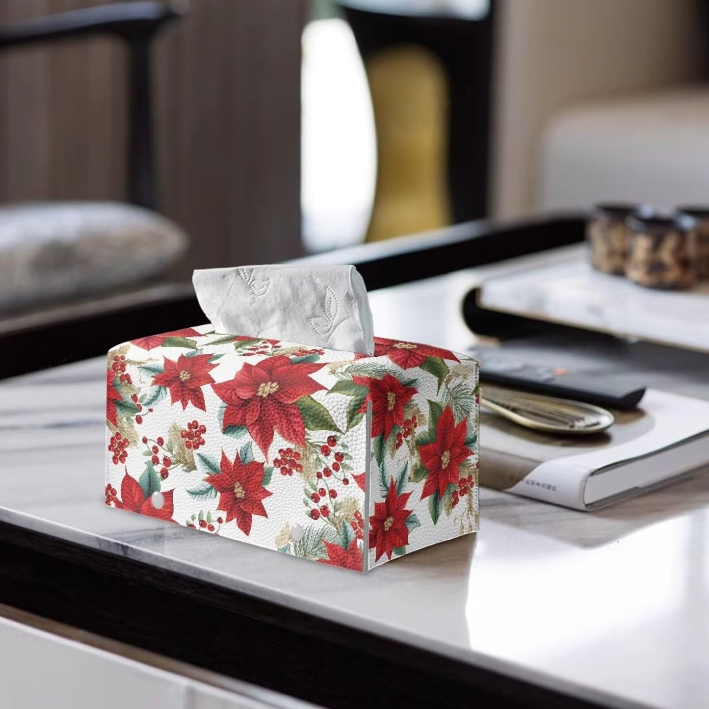 Viewamoon Christmas Floral Tissue Box Cover Rectangle Leather Soft Fabric Paper Holder Box Easy to Install 9x5x5 Cube Cover for Bathroom Deocration
