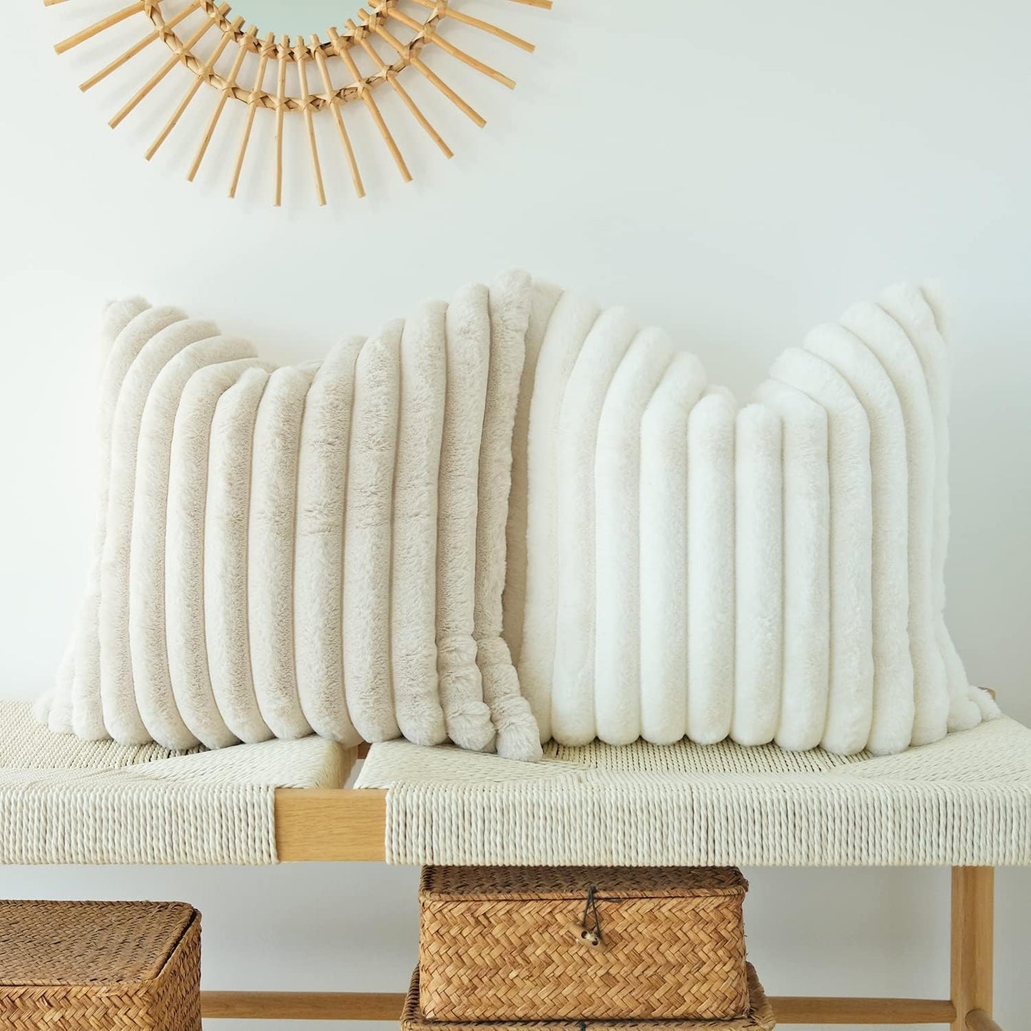 JOJUSIS Pack of 2 Faux Fur Plush Decorative Throw Pillow Covers Couch Cushion Case Soft Pillowcases (Beige, 18 x 18 Inch)