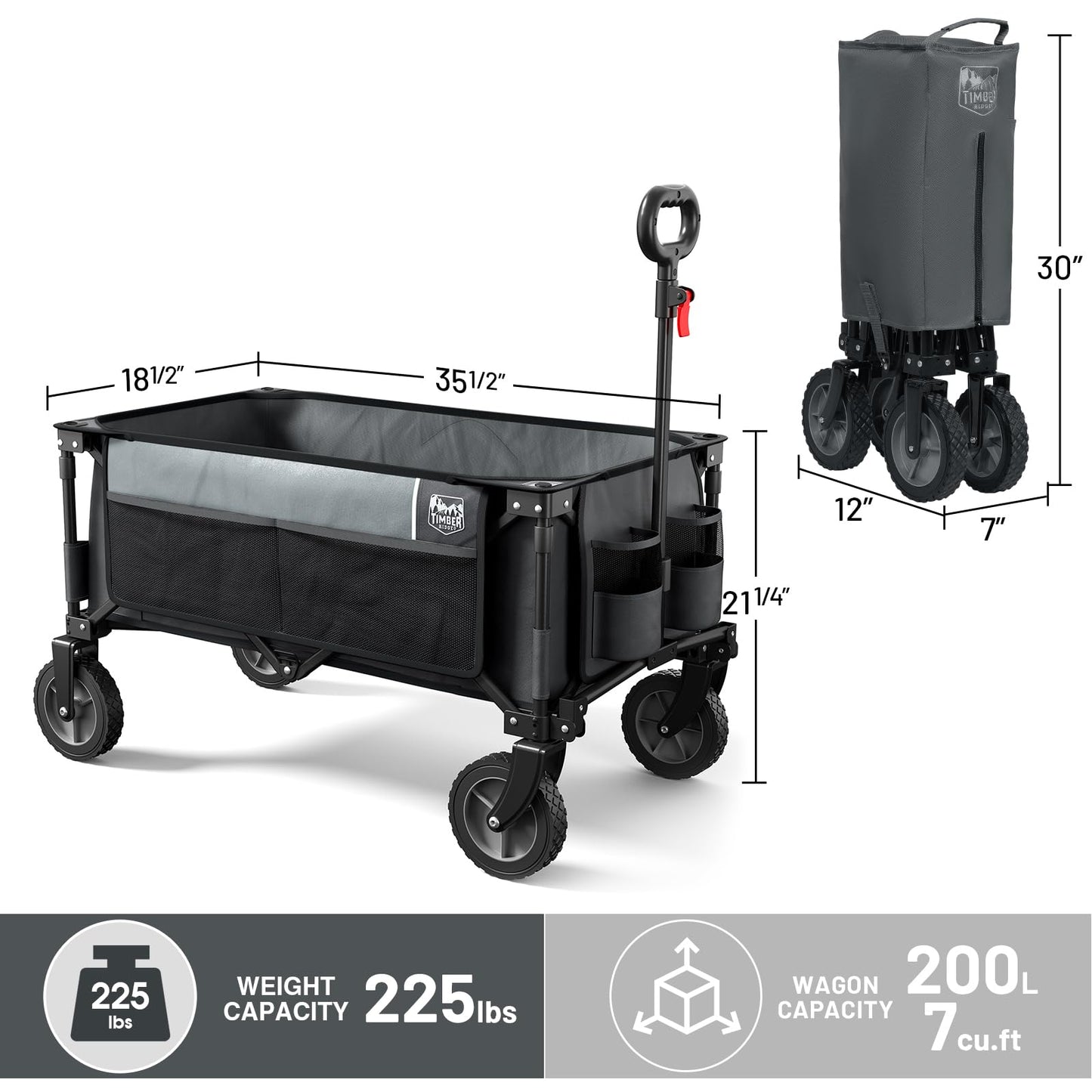 Timber Ridge Collapsible Outdoor Folding Wagon Cart Heavy Duty Camping Patio Shopping Garden Cart with Side Bag Cup Holder, Grey