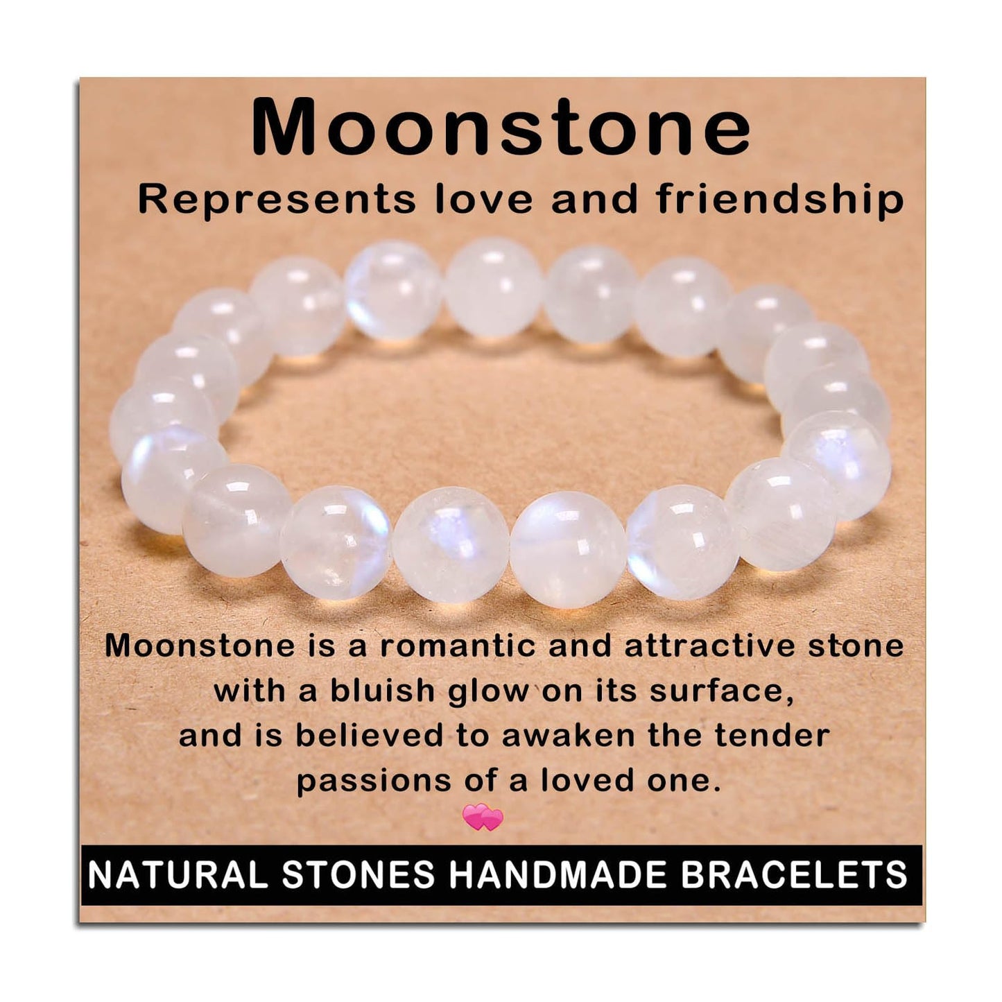 AD Beads Handmade Gemstone Stretch Elastic Bracelet Crystal Healing Reiki Nature's Beauty and Spiritual Essence Unisex (10mm, Moonstone (Love and Friendship))
