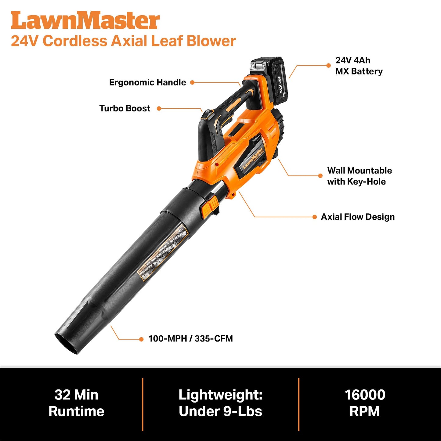 Leaf Blower Cordless, LawnMaster Leaf Blower 24V Max with 4.0Ah Battery and a Charger-CLBL2417A