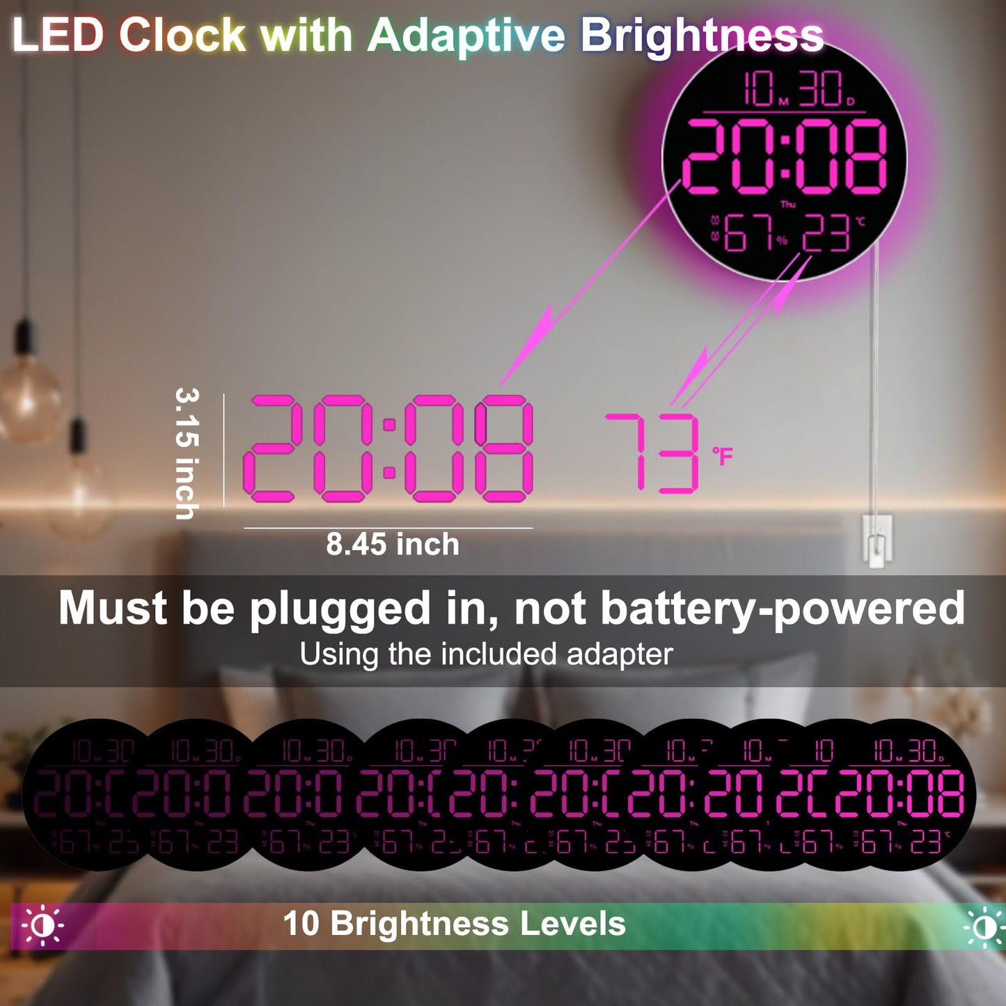 QINFIEY 10 Inch LED Wall Clock with RGB Ambient Light, Auto-Dimming, RGB Color/Time/Date/Temp/Humidity Display, Dual Alarms & Timer, Adjustment Brightness,Digital Round Clock for Bedroom Classroom