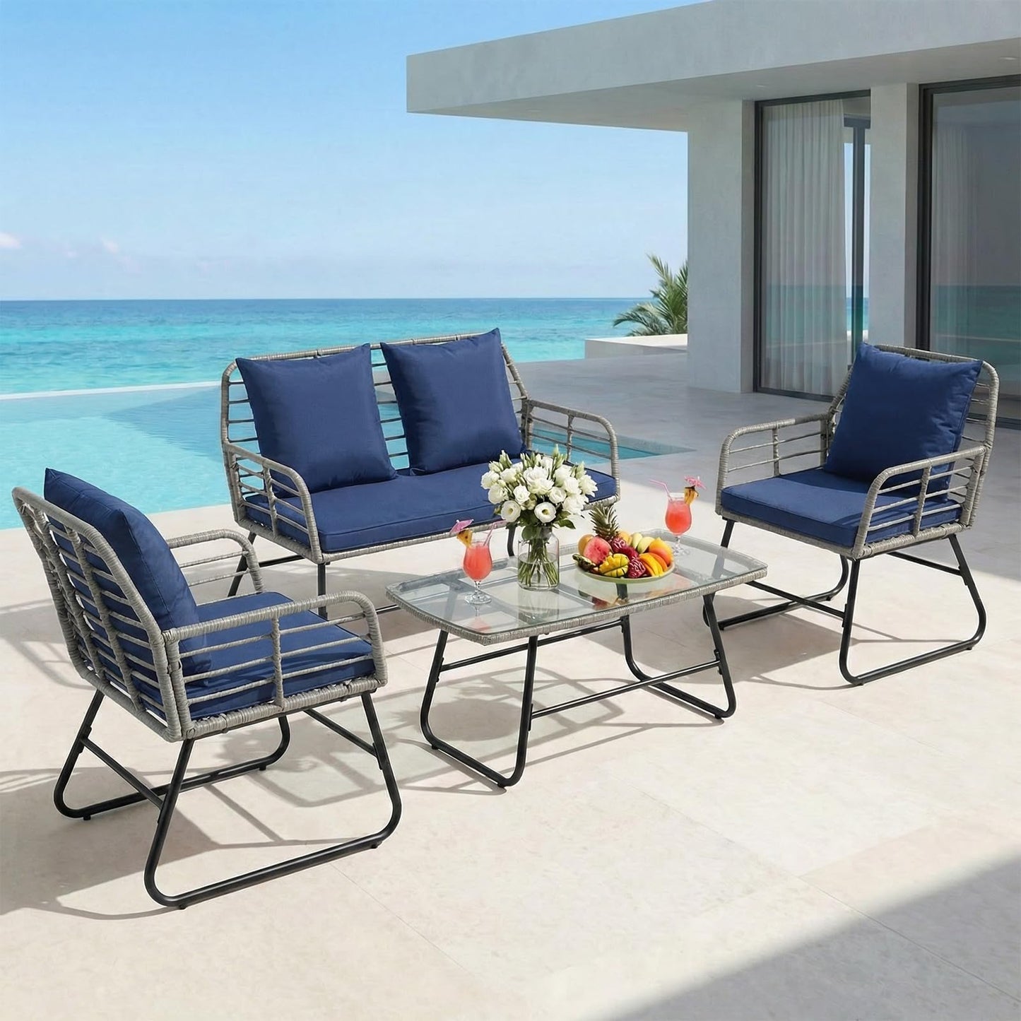 DUMOS Outdoor 4 Piece Patio Furniture Set, Wicker Patio Set with Thick Sandwich Structure Cushions, Deep Seating All-Weather Rattan Sofa and Functional Glass Table for Porch, Lawn, Grey