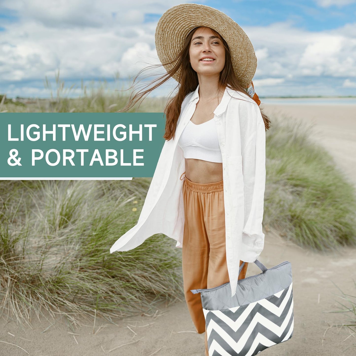 Solaris Waterproof Picnic Blanket, Lightweight 50” x 60” Foldable Sandproof Beach Blanket with Large Pocket, Portable Outdoor Camping Blanket Great Couples Gift Ideas, Gray Wavy