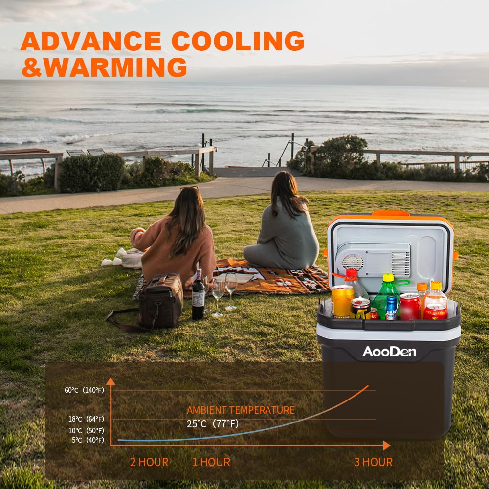 AooDen Electric Car Cooler and Warmer, 26 Quart Capacity, Thermoelectric Iceless Cooler for Travel, Camping, Vehicles, Truck, Home - 12V DC and 120V AC (Black & Orange)