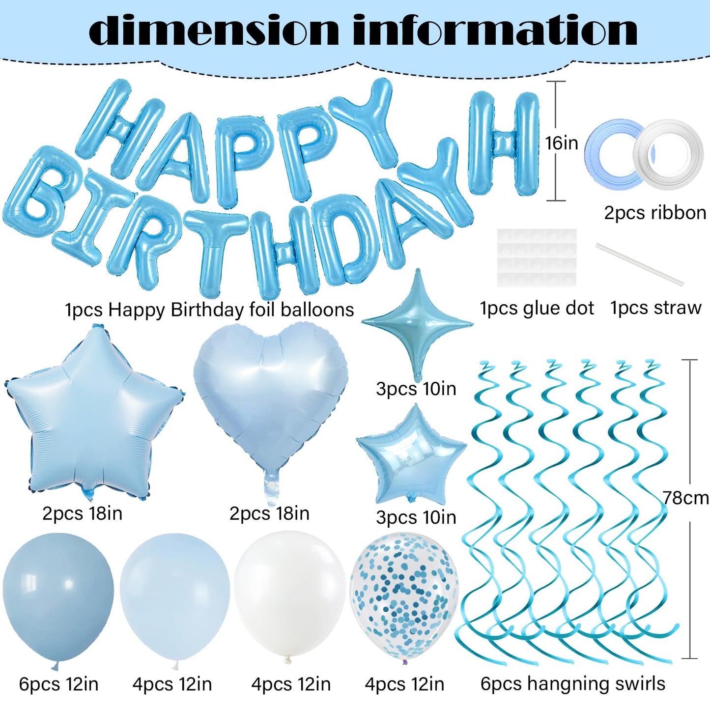 YWWSNSE Blue Birthday Decorations, 3D Foil Light Blue Happy Birthday Balloon Banner with Star and Heart Balloons, Confetti Balloons, Hanging Swirls, for Girls Women Party Decorations