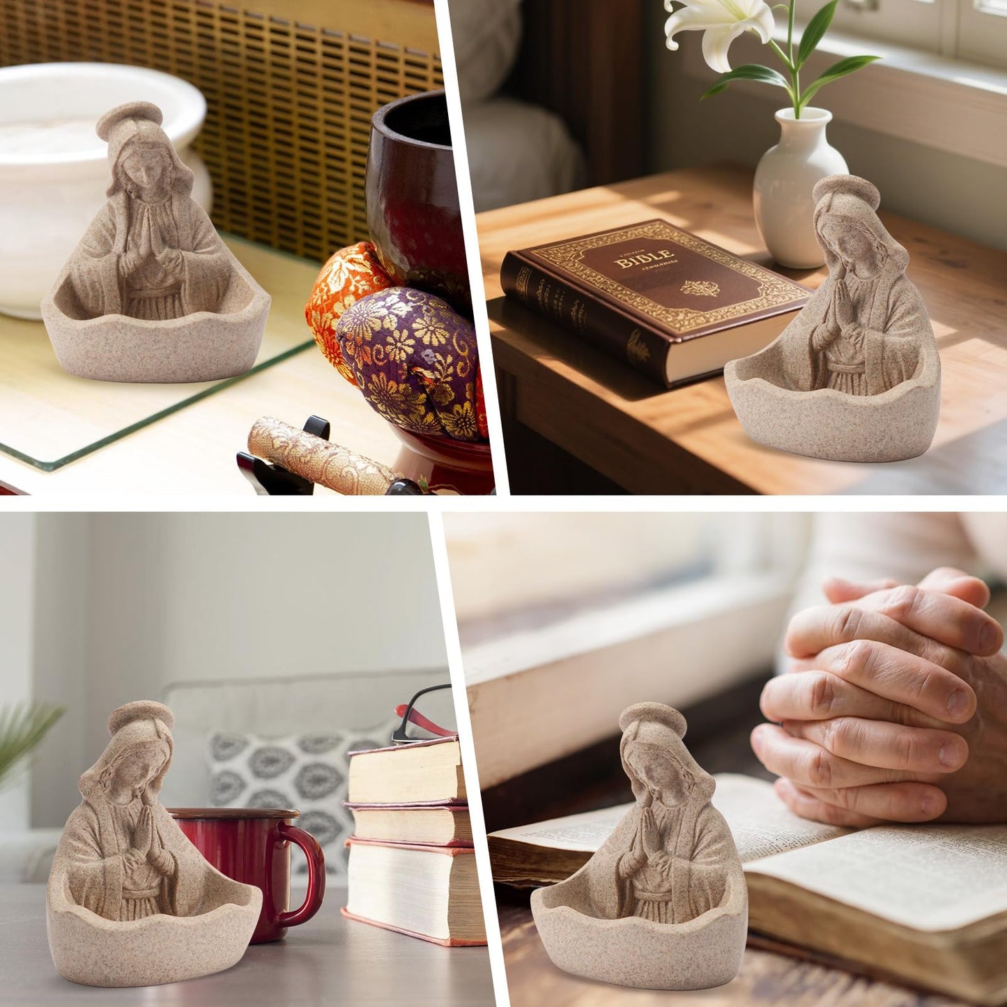 LVEOLU Virgin Mary Statue, Catholic Gifts for Women, Virgin Mary Keepsake Rosary Holder, 5.5" Blessed Mother Statues, Catholic Decor (Sandstone)