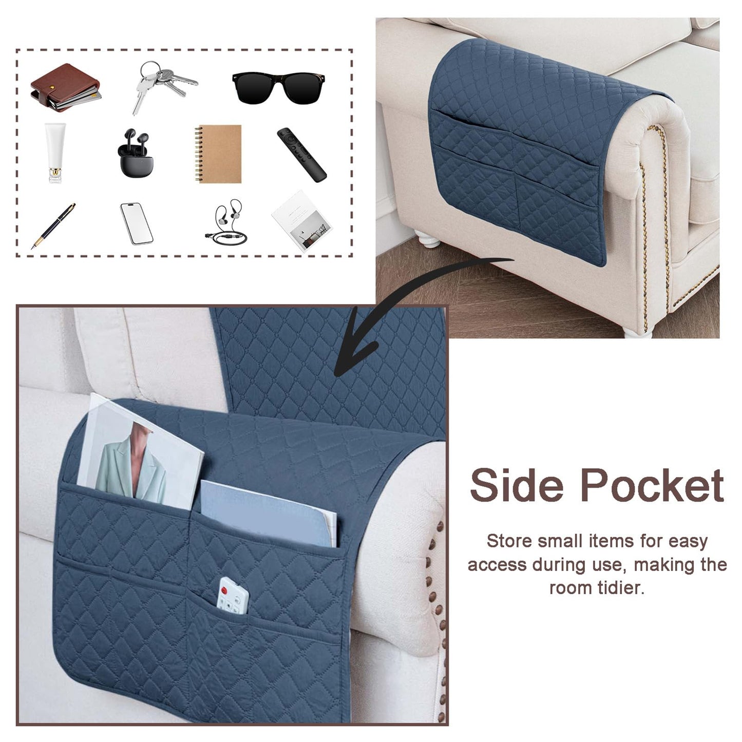 ZGDDPZA Waterproof Sofa Armrest Cover Headrest Cover with Side Pocket Non-Slip Couch Protector for Armchairs, Chairs, and Sofas (Berlin Blue,1 Seater 3PCS)