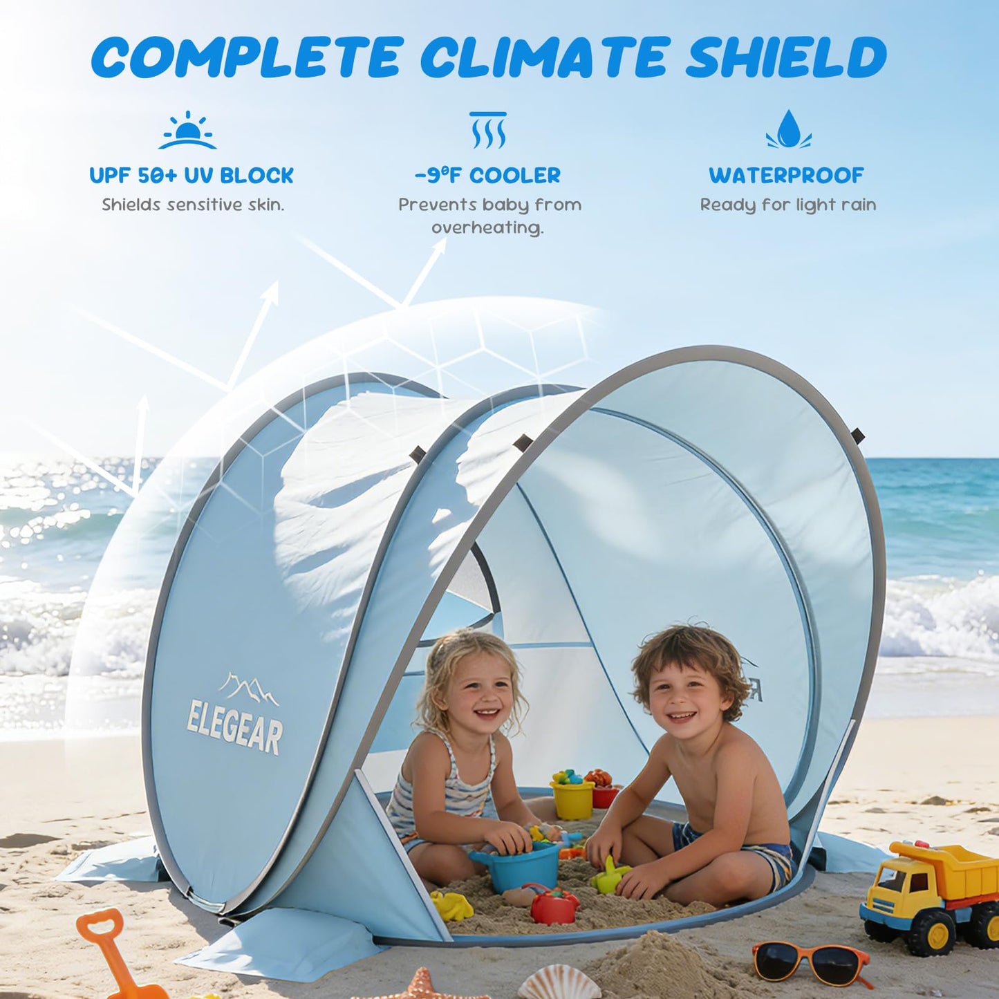 Elegear Pop Up Baby Beach Tent with Mini Canopy, CumbreX™ UPF 50+ UV Protection Baby Tent Sun Shelter, 1S Setup Portable Baby Beach Essentials Shade for Infant Toddler Outdoor Indoor Play - Blue