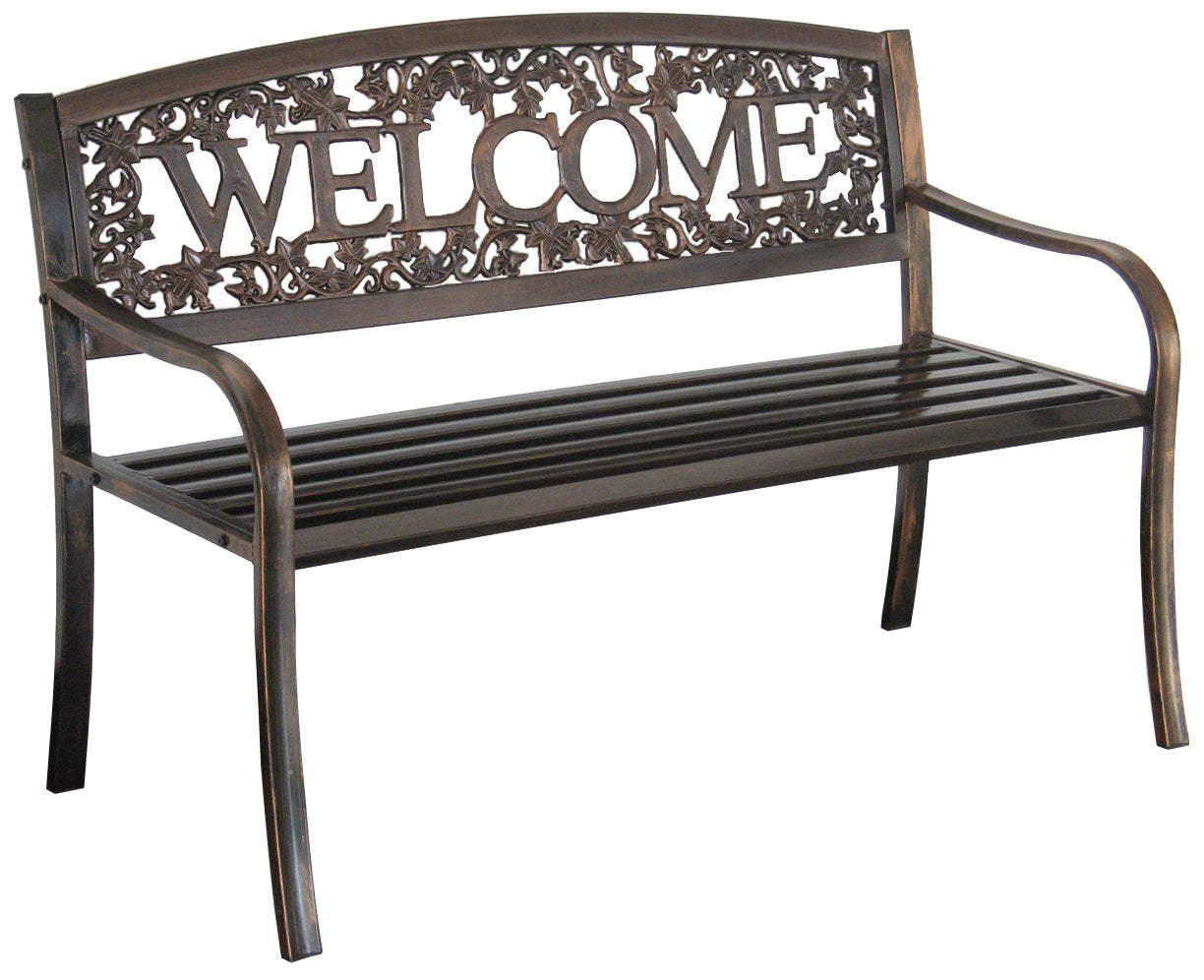 Leigh Country Metal Outdoor Bench, Welcome Design, Decorative Patio Seating for Porch/Deck