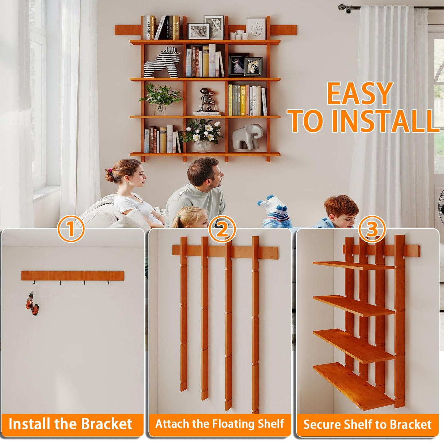 Raykion Bookshelf 4 Tier Wall Mounted Display Shelf, Space-Saving Floating Bamboo Bookcase Heavy Duty 600lbs, Storage Organizer for Living Room Bedroom Office, 43" W x 52" H