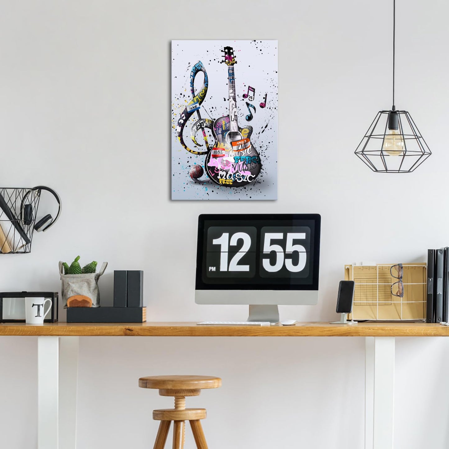 KREATIVE ARTS Guitar Canvas Painting for Music Studio and Room Decor Framed Artwork Graffiti Style Music Note Wall Art 16x24 Inch Stretched Canvas Ready to Hang