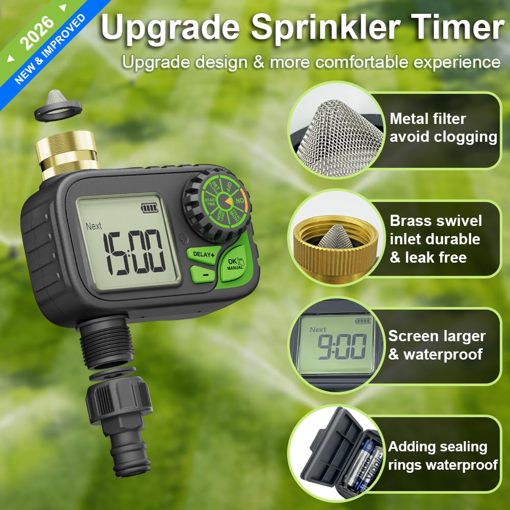Sprinkler Timer Water Hose Timer - Programmable Digital Irrigation Outdoor Waterproof with Rain Delay, Manual & Automatic Watering System for Yard Lawn Garden Hose, Brass Inlet 1 Outlet