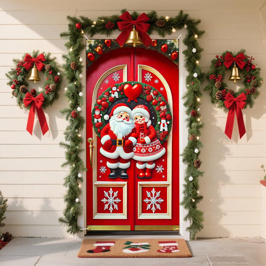 Cmialusie 2D flat festive door bannerSanta Couple Door Decorations Holiday Indoor Outdoor Front Door Banner Cute Door Cover for Home Porch Decor 71x35 Inch