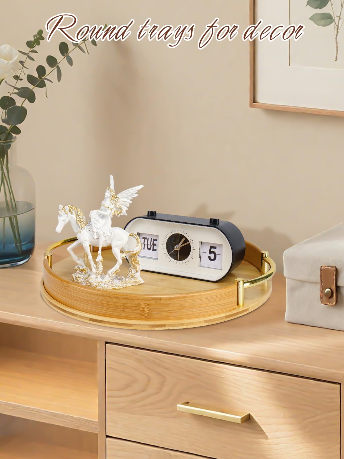 JUPELI 14″ Round Bamboo Serving Tray with Handles – Decorative Tray, Breakfast Tray, Coffee Table Tray, Ottoman Tray, Kitchen Platter for Drinks, Snacks, Vanity, Home Decor & Gifts