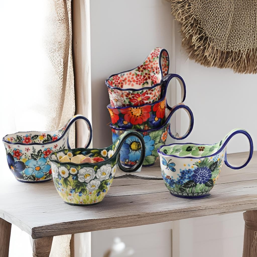 ALMA 2025 Updated Decorative Pottery Soup Bowl Microwave Safe,Large Ceramic Soup Bowl with Loop Handle,Ceramic Cereal Bowl for Soup,Snack,Chip,Stew,Ice cream-Spring Splendor Theme