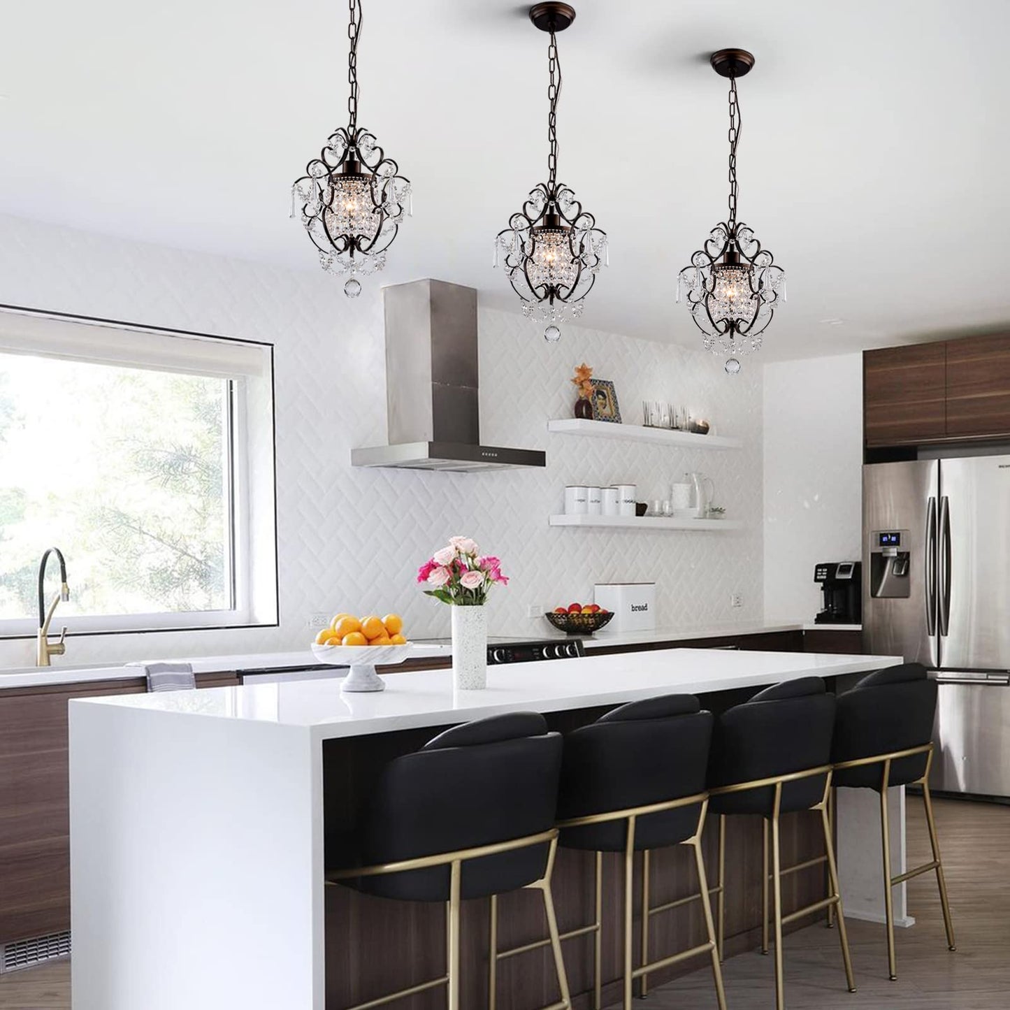 FLSFU Modern Mini Crystal Chandelier,Iron Bronze Crystal Light Fixtures Ceiling Mount 1 Light Small Chandeliers for Bedroom Elegant Hanging Lighting for Girls Room Dining Room Closet Kitchen Island
