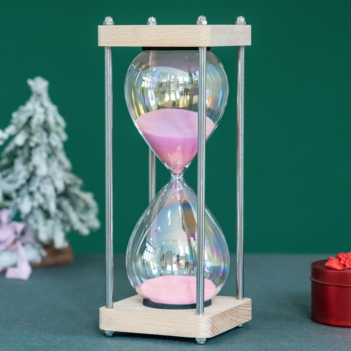 Large 60-Minute Hourglass Sand Timer,Pastel Macaron Glass & Natural Oak Wood Base, Modern Minimalist Office Home Desktop Decor (Macaron Pink)