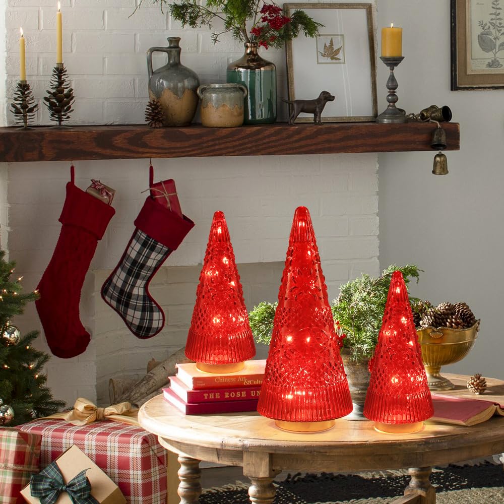 PHITRIC Christmas Decorations Indoor, 3 PCS Sparkling Glass Red Christmas Tree Table Centerpieces Decor with LED Lights and Timer, Xmas Tree Decorations for Home, Mantel, Shelf, Office, Tabletop