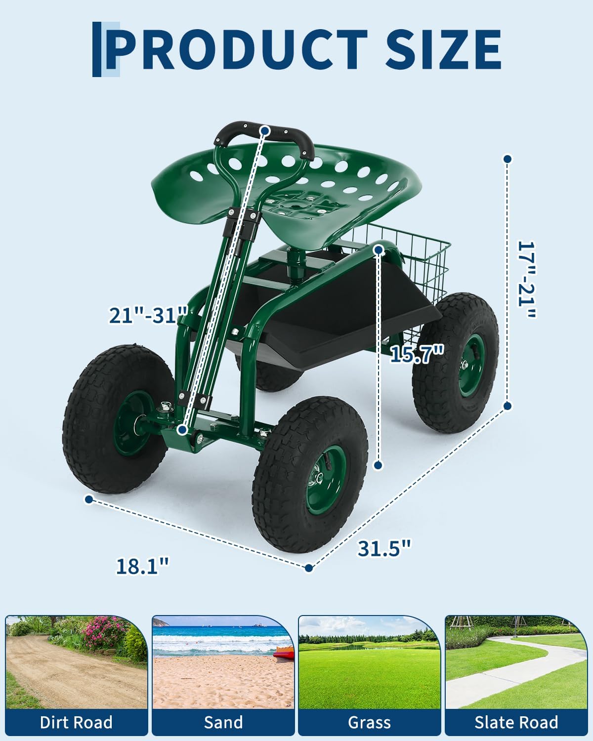 Heavy Duty Garden Cart, Garden Scooter Rolling Work Seat, 360° Swivel with 10-Inch All-Terrain Inflatable Tires, Extendable Steering Handle & Metal Tool Tray for Planting, Weeding, Yard Work