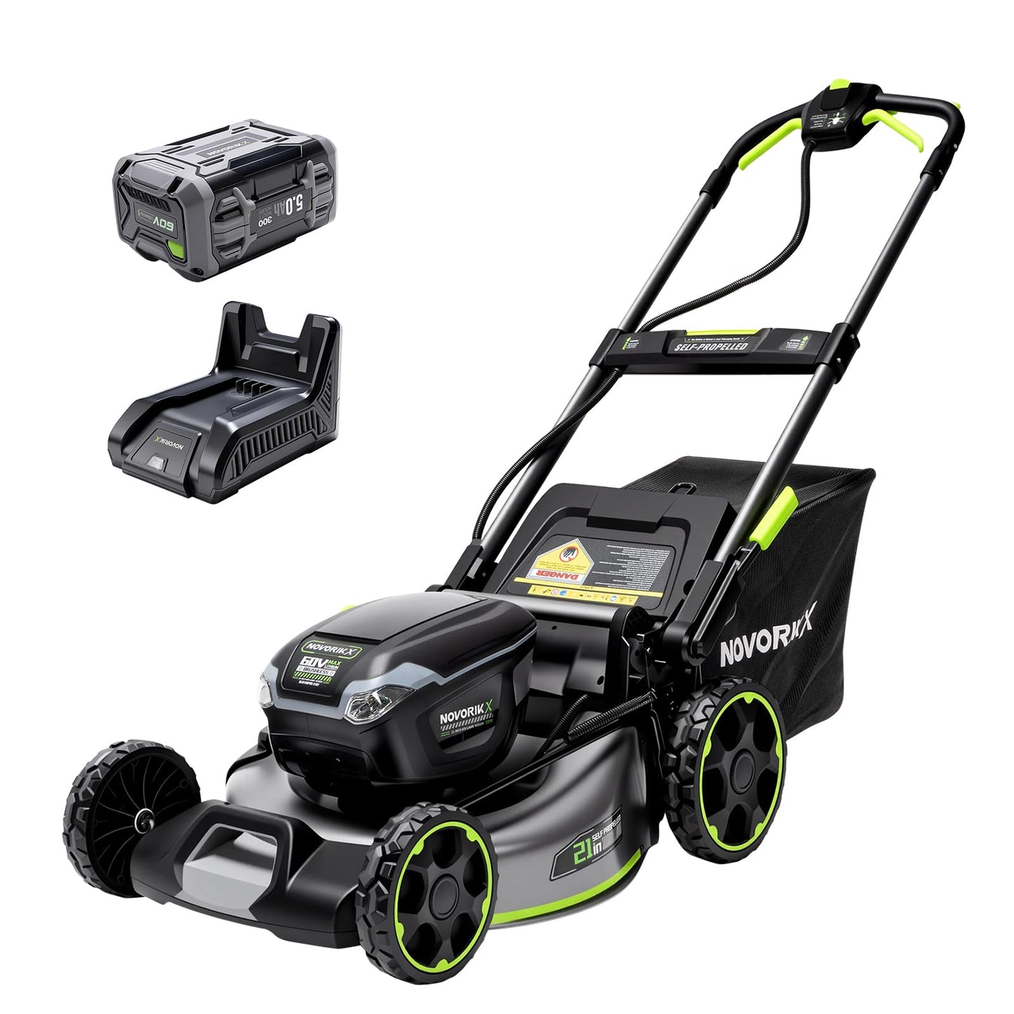 NovorikX 60V 5Ah Self-Propelled Electric Cordless Lawn Mower with 5.0Ah Battery 21-Inch, Brushless Mower for Large Yards, LED Headlight, Rapid Charger 3-in-1 Versatility Obsidian Series