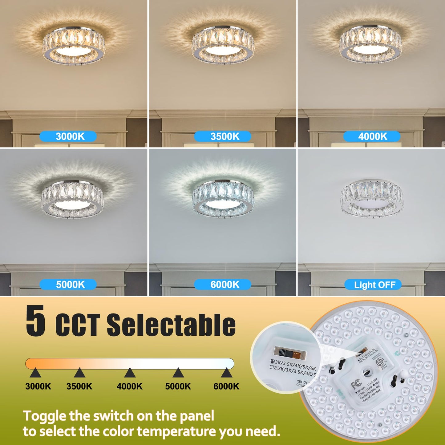 Gisisee 11 Inch Chrome Modern Luxury Crystal Flush Mount Ceiling Light Fixture,5CCT 3000K-6000K 24W,Round Small Dimmable Led Chandelier Hallway Lighting for Entryway,Kitchen,Bedroom,Laundry Room