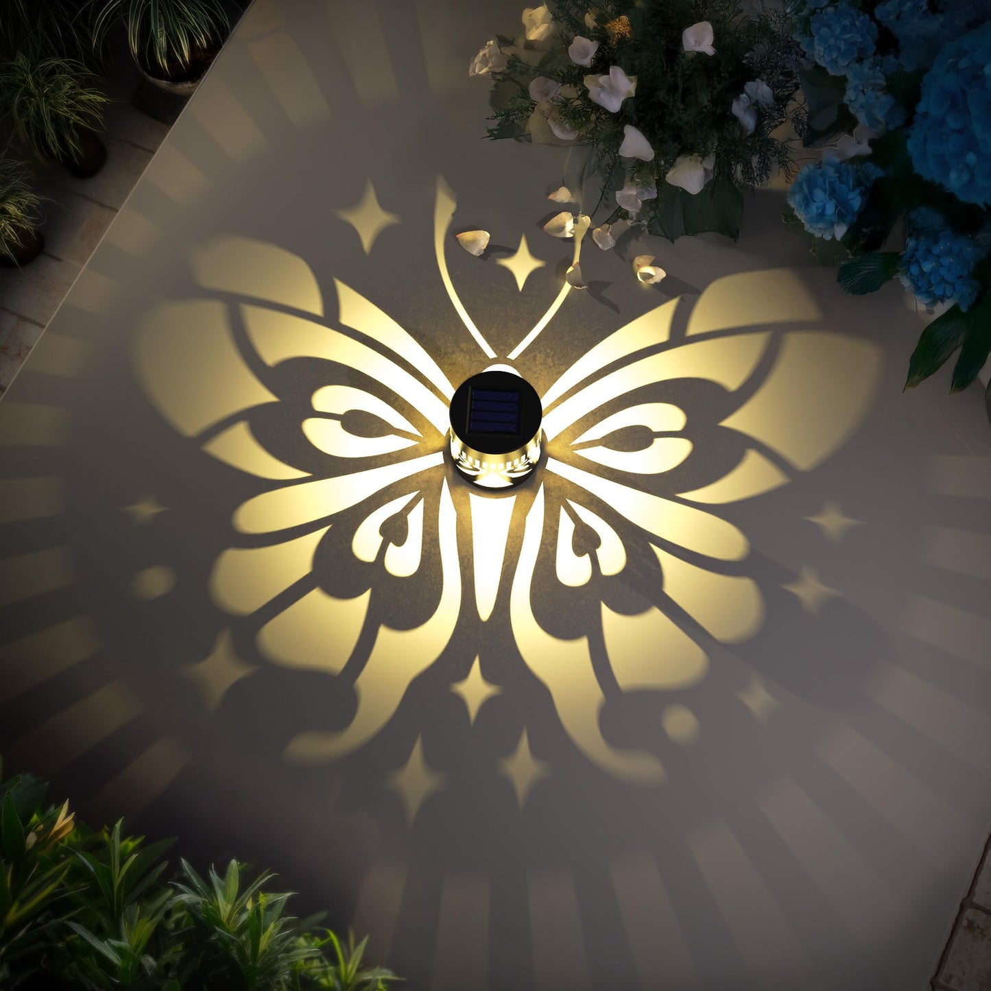 Hapjoy Solar Fence Lights 2 Pack Outdoor Deck Step Wall Lights Metal Waterproof LED Warm Yellow Light for Garden Post Patio Backyard Yard Decor (Butterfly-Star, 2)