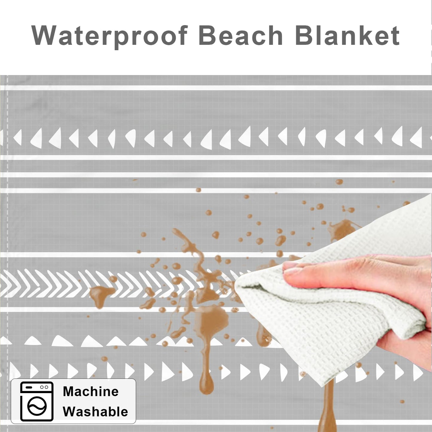 Extra Large 110''×118'' Beach Blanket for 8 Adults, Outdoor Beach Mat Sand Free Waterproof with 4 Stakes & 4 Corner Pockets, Polyester Lightweight Foldable Grey Picnic Mat for Travel, Camping, Hiking
