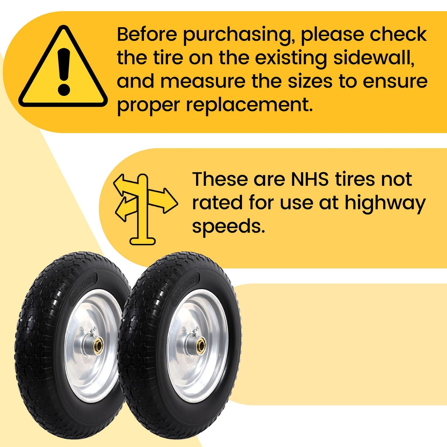 MZREXN 14.5" Wheelbarrow Tire Flat-Free 3.00/3.25/3.50/4.00-8" Solid Tire and Wheel with 3"-7" Centered Hub, 3/4" & 5/8" Bearings Replacement for Hand Truck/Dolly/Utility Cart/Garden Cart 2PCS Silver