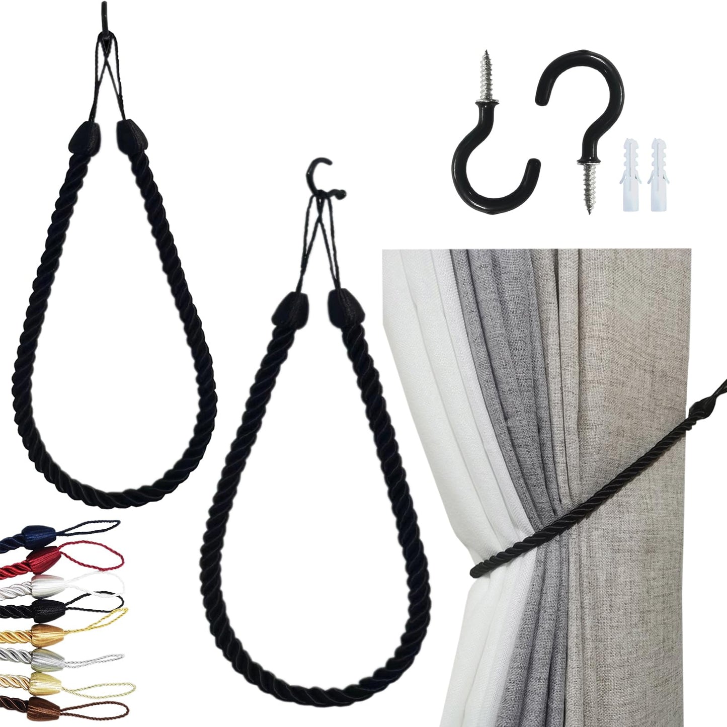 SLIFEOW Curtain Tiebacks Ropes, Decorative Handmade Tie Backs Curtain Holdbacks with 2 Metal Screw Hooks, Holders Cord for Thin or Thick Window Drapes Indoor Outdoor (Black, 2)