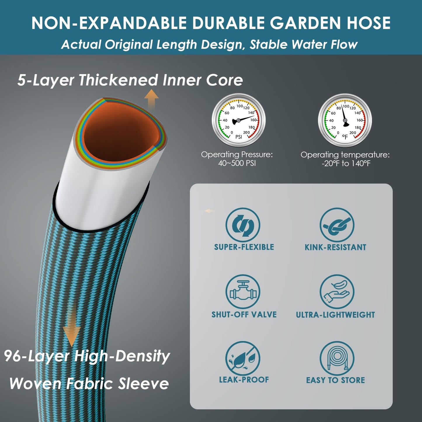 FlexiSolve NON-EXPANDABLE Garden Hose 100 ft, Ultra Lightweight Flexible Water Hose with 10-Pattern Nozzle & Shut-Off Valve, Holder, Leakproof & Kink-Resistant Reinforced Fittings for Yard Outdoor