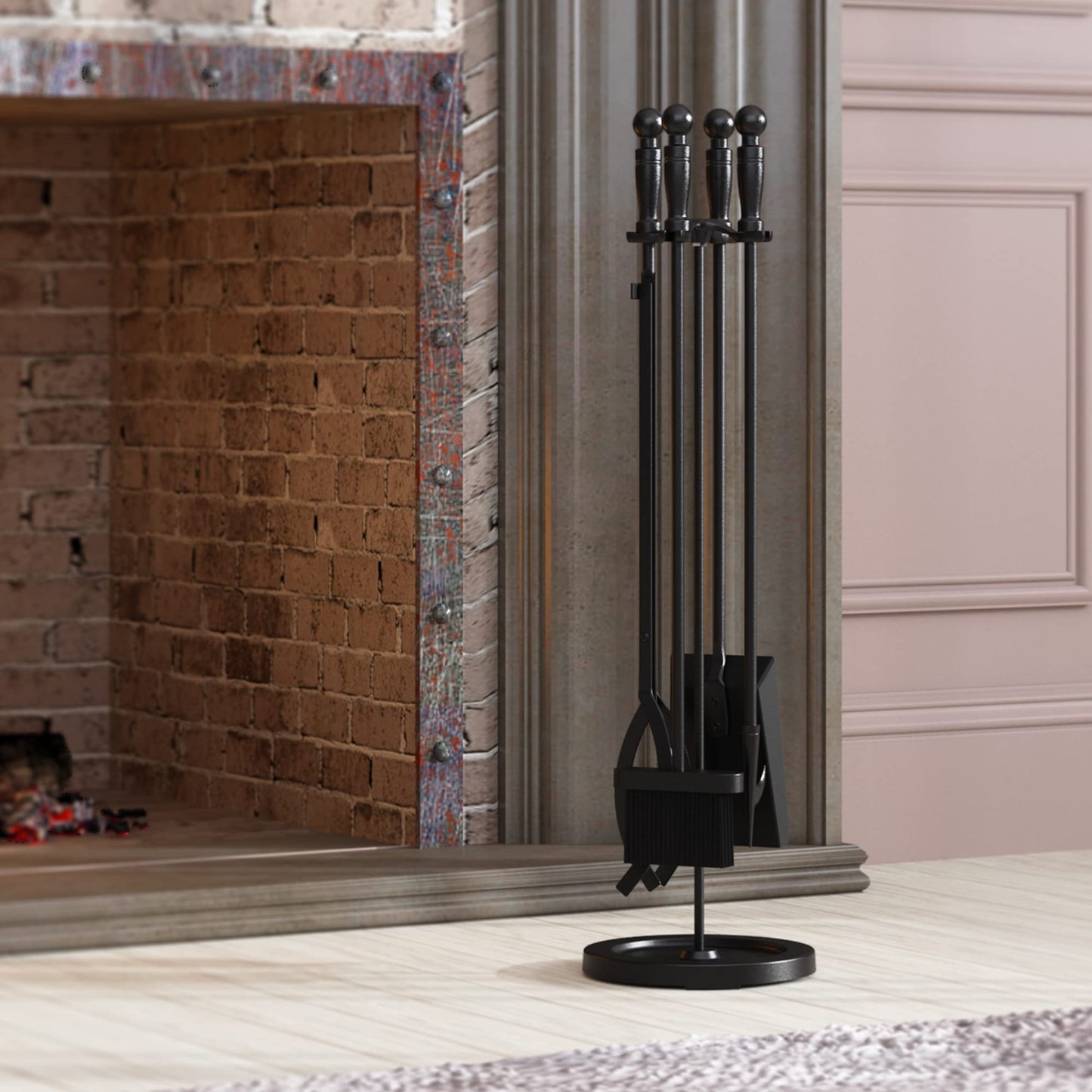Fire Beauty Fireplace Tools Set 5 Pieces Wrought Iron Fire Place Pit Poker Holder 31" H (Black)