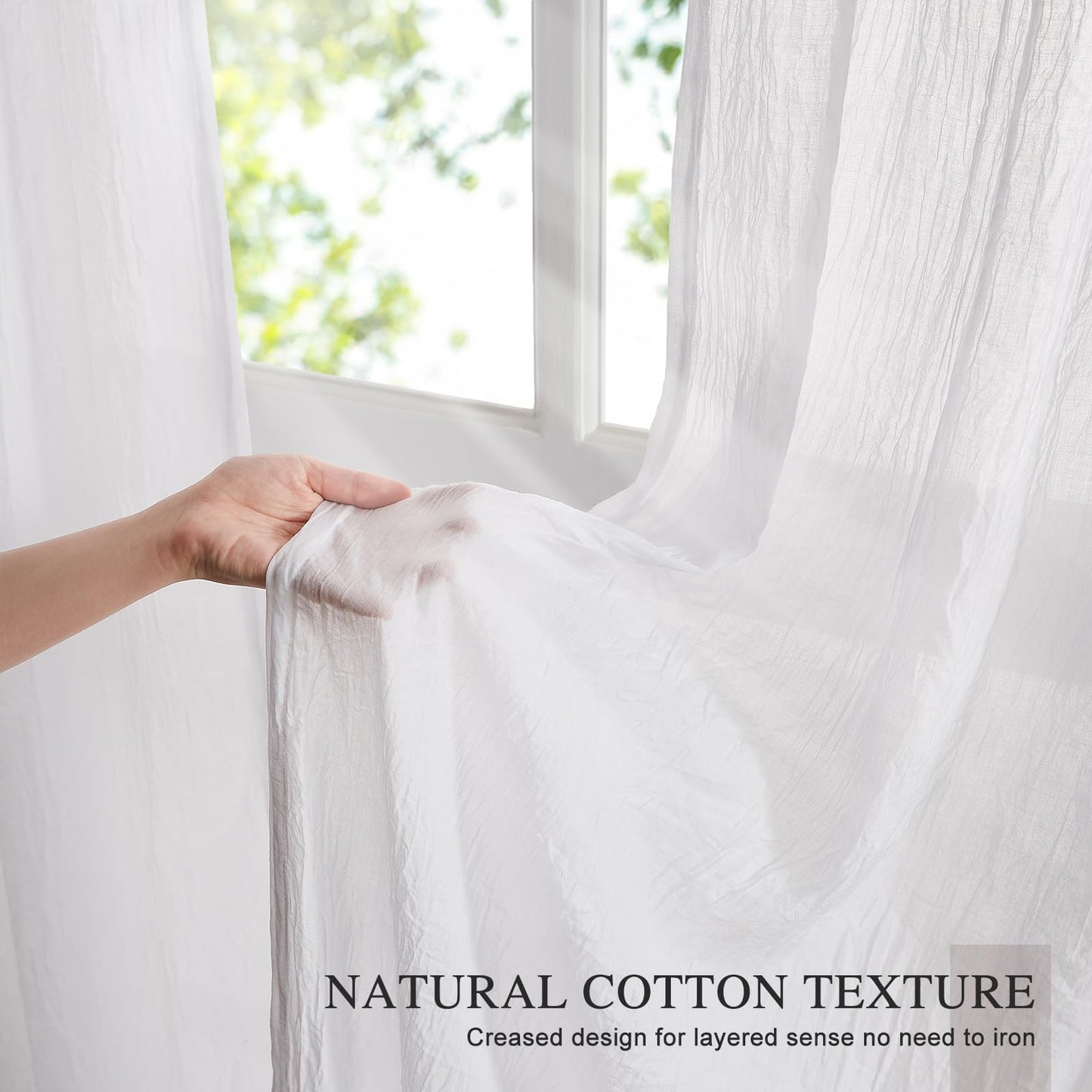 Anpark Elegant White Sheer Curtains 84 Inches Long for Living Room Bedroom, Cotton Linen Textured Light Filtering Crinkle Sheer Drapes Natural Rod Pocket Voile Curtains, W52 x L84 in, 2 Panels