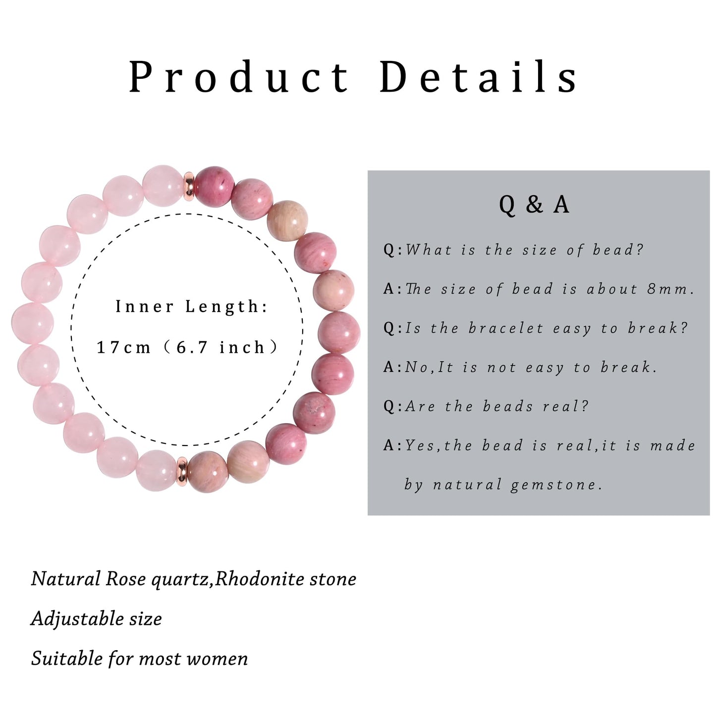 Gracayfr Anxiety Relief Emotional Balance Bracelet Natural Stone Healing Crystal Spiritual Empath Protection Gemstone Stretch Bead Rose Quartz Rhodonite