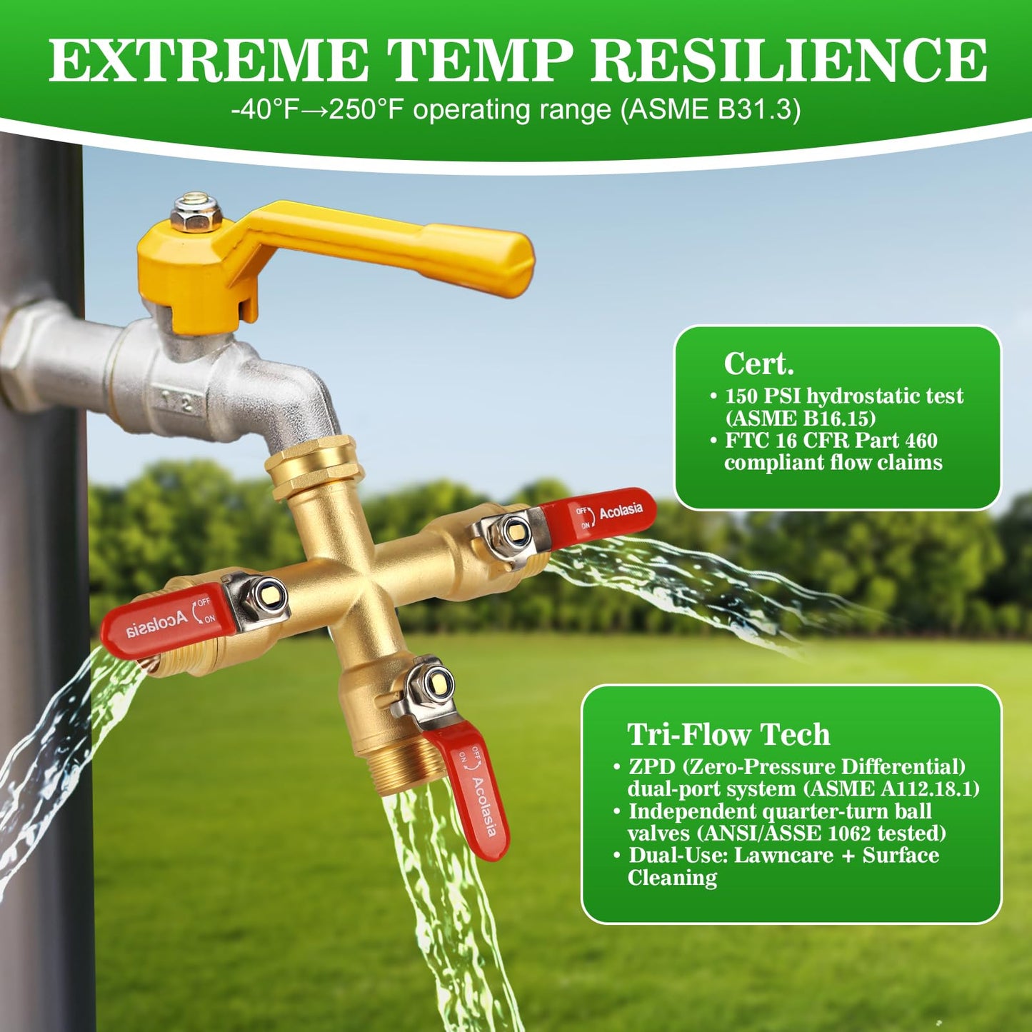 Hose Splitter 3 Way Heavy Duty Brass Garden Hose Splitter with 304 Stainless Steel Long Handle Outdoor Full Flow Hose Splitter Connector, 3/4" GHT Thread