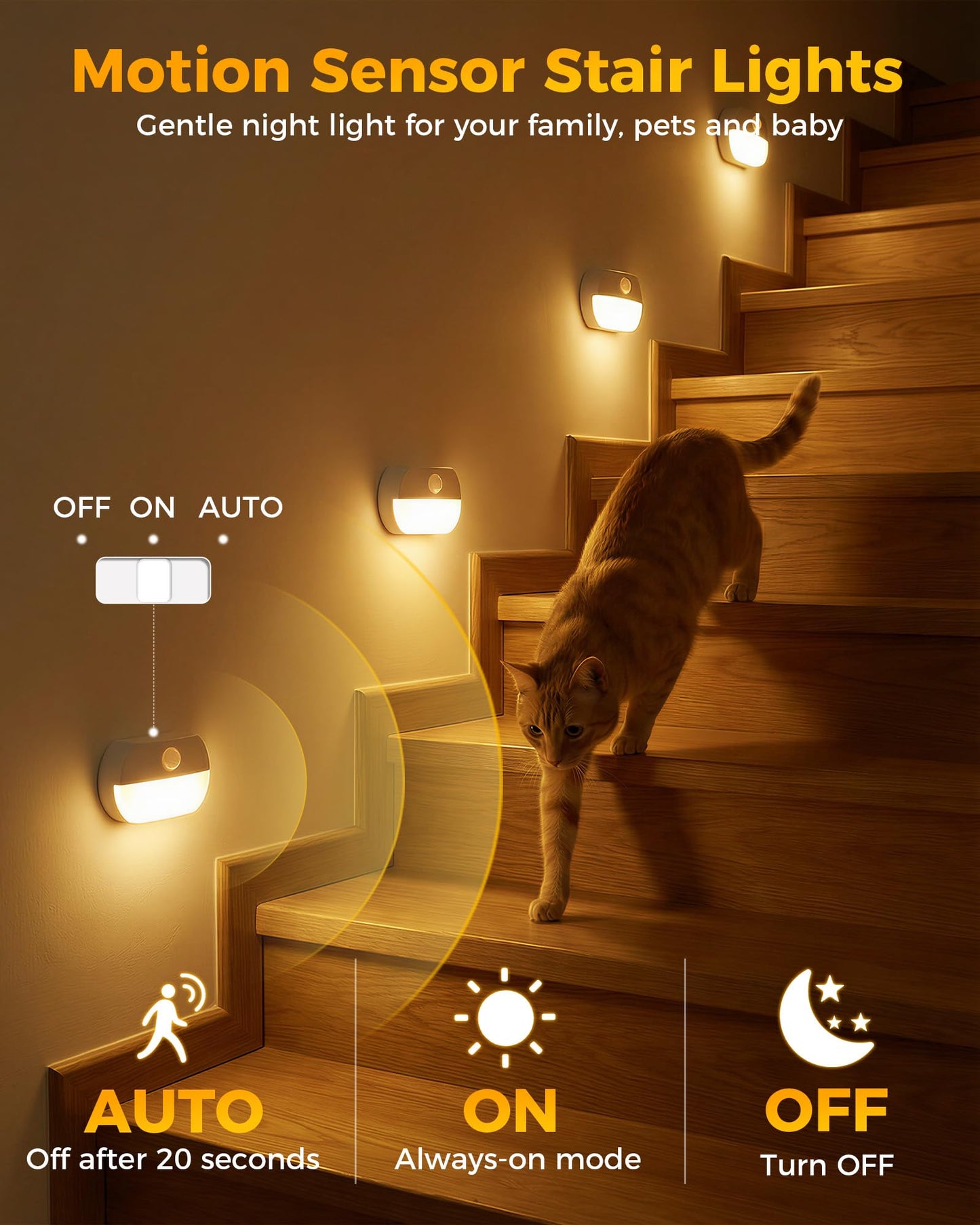6 Pack Rechargeable Motion Sensor Stair Lights, Indoor Hallway Wall Light, Magnetic Wireless Peel and Stick On Closet Light, Battery Operated LED Night Lights for Step Bedroom Cabinet Toilet Bathroom