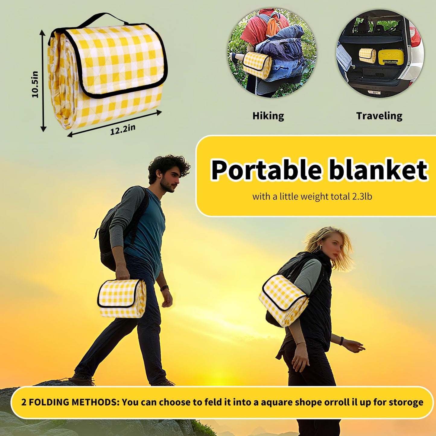 CUNCUI Picnic Outdoor Blankets, Extra Large 79x79in Beach Blanket, Thick 3-Layers Camping Waterproof Mat for Camp Hiking Park, Portable Foldable Rug for Family-Yellow, Sandproof & Machine Washable