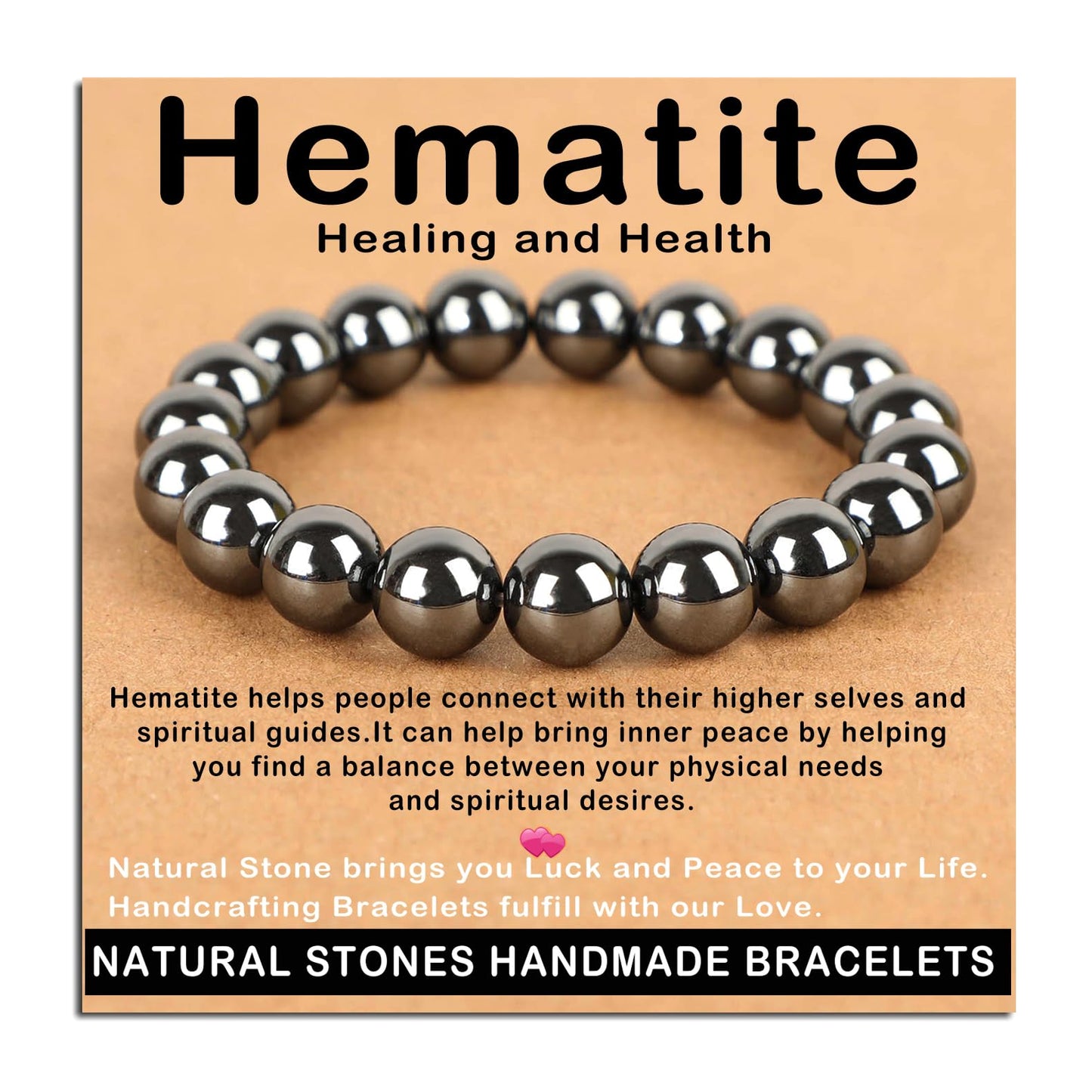 AD Beads Handmade Gemstone Stretch Elastic Bracelet Crystal Healing Reiki Nature's Beauty and Spiritual Essence Unisex (10mm, Hematite (Healing and Health))