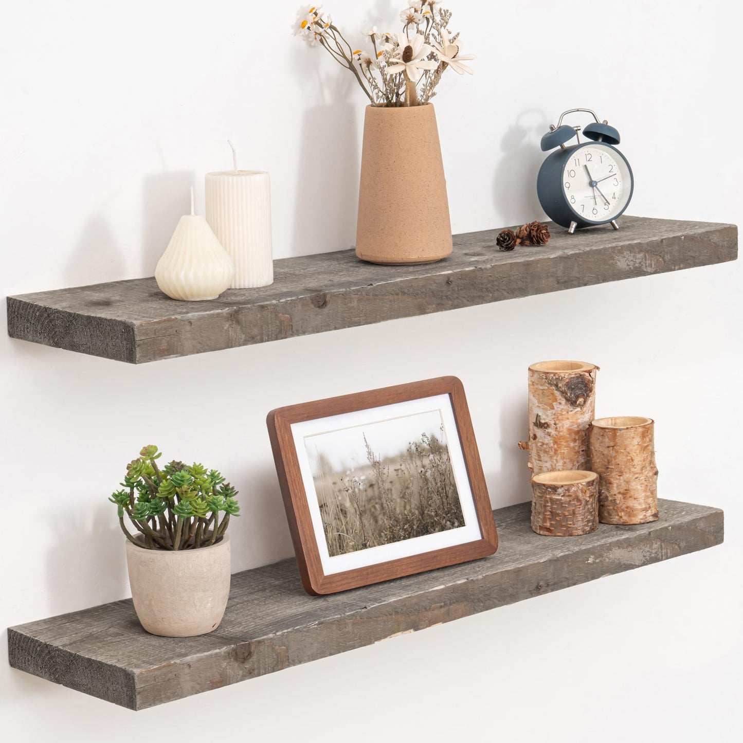 FLYJOE Floating Shelves, 8 Inch Deep Rustic Solid Reclaimed Wood Wall Shelves for Storage, Wall Mounted Display Shelving with Invisible Heavy-Duty Metal Bracket, 30 Inch Width Set of 2, Grey