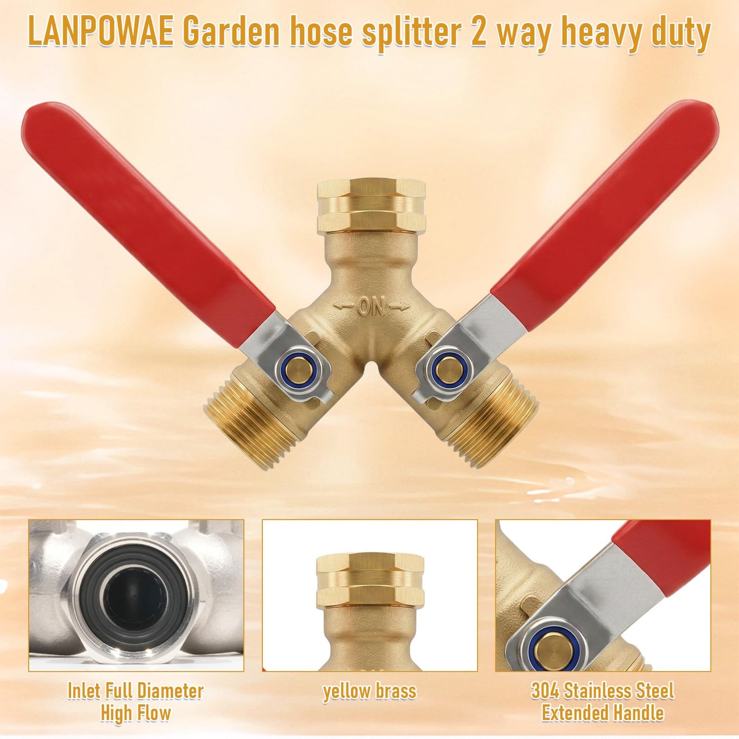 Garden Hose Splitter 2 Way, Heavy Duty Brass Y Valve Water Hose Splitter With Stainless Steel Long Handle Outdoor Full Flow Hose Splitter Connector,Y Valve 3/4 Inch GHT Thread