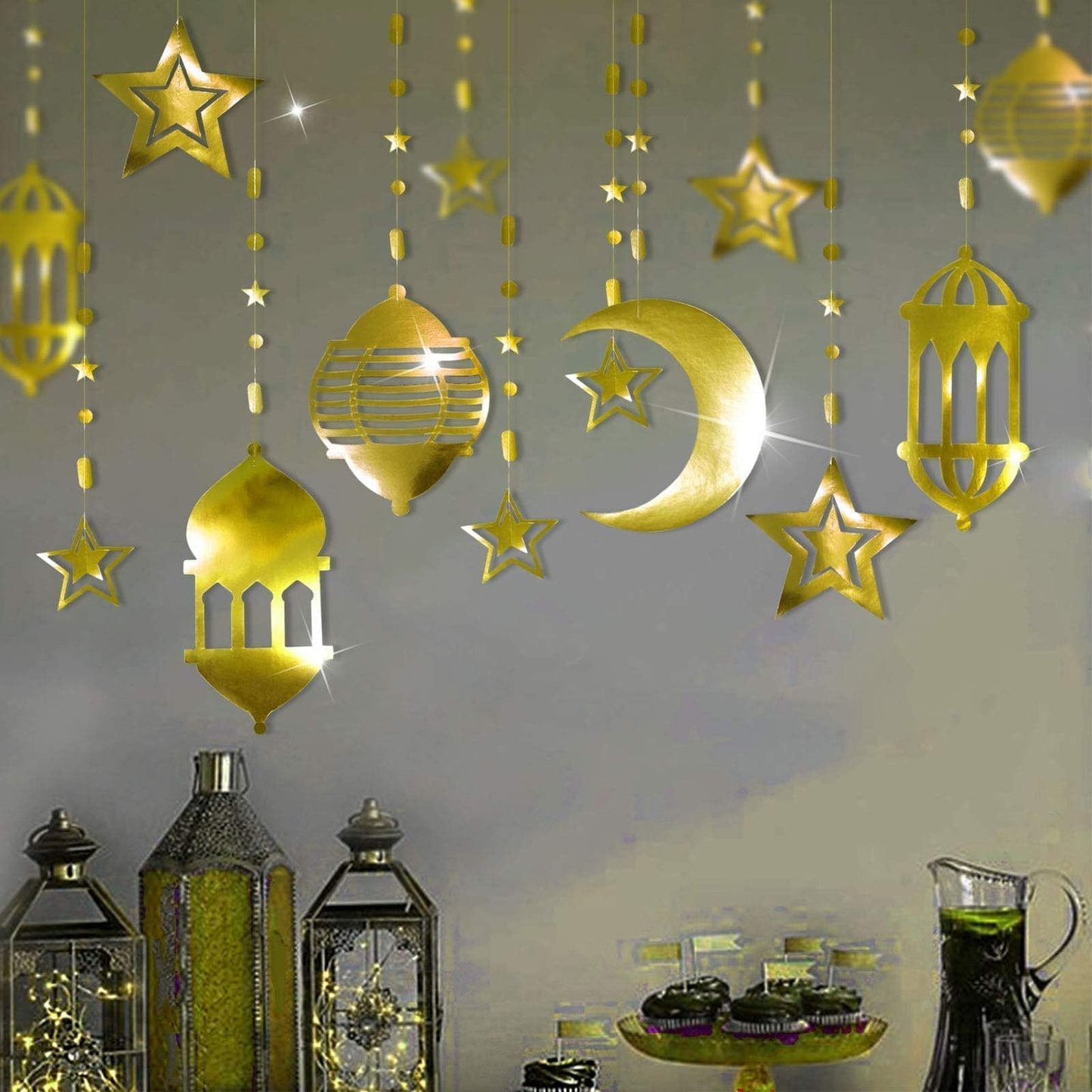 Cheerland Ramadan Decorations Gold Star Moon Lantern Garland Pre-Assembled Shining Hanging Ramadan Mubarak Eid Decorations Banner Streamer for Eid Mubarak Decor Home Party Supplies 16 Pcs