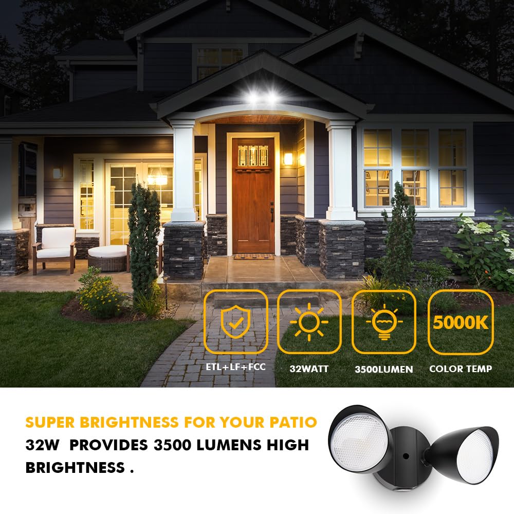 LUTEC 6222B 3500 Lumen 32 Watt 28 LED Dual-Head Floodlight Outdoor, Full Metal Design, Waterproof Exterior Security Wall Light 5000K for Patio, Garden, Yard-Black