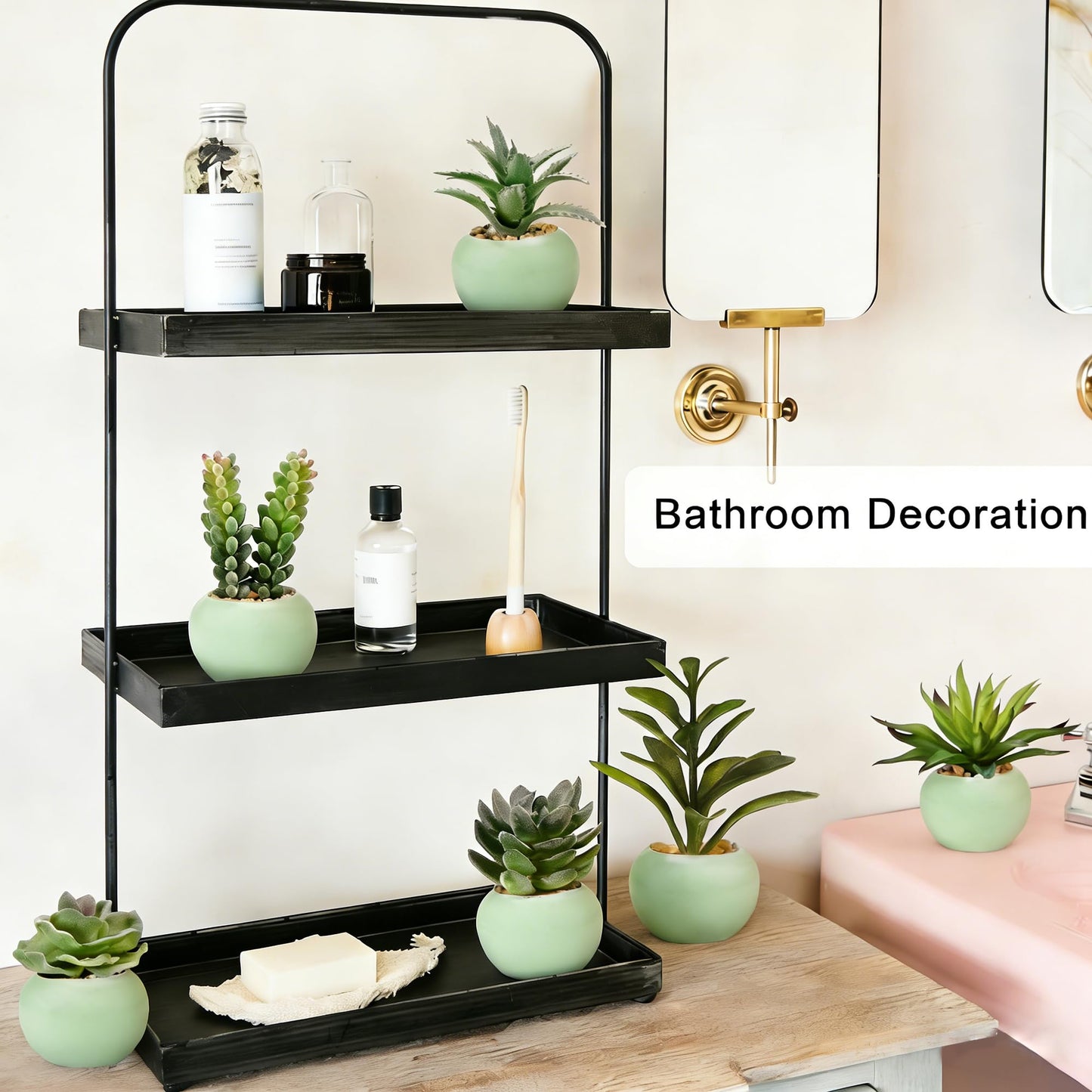GREENTIME 6 Pcs Artificial Succulent Plants Bulk in Mini Ceramic Pots Small Fake Succulent Plant Faux Indoor Decor Bedroom Desk Bathroom Office Living Room Table Shelf Home Decoration (Green)