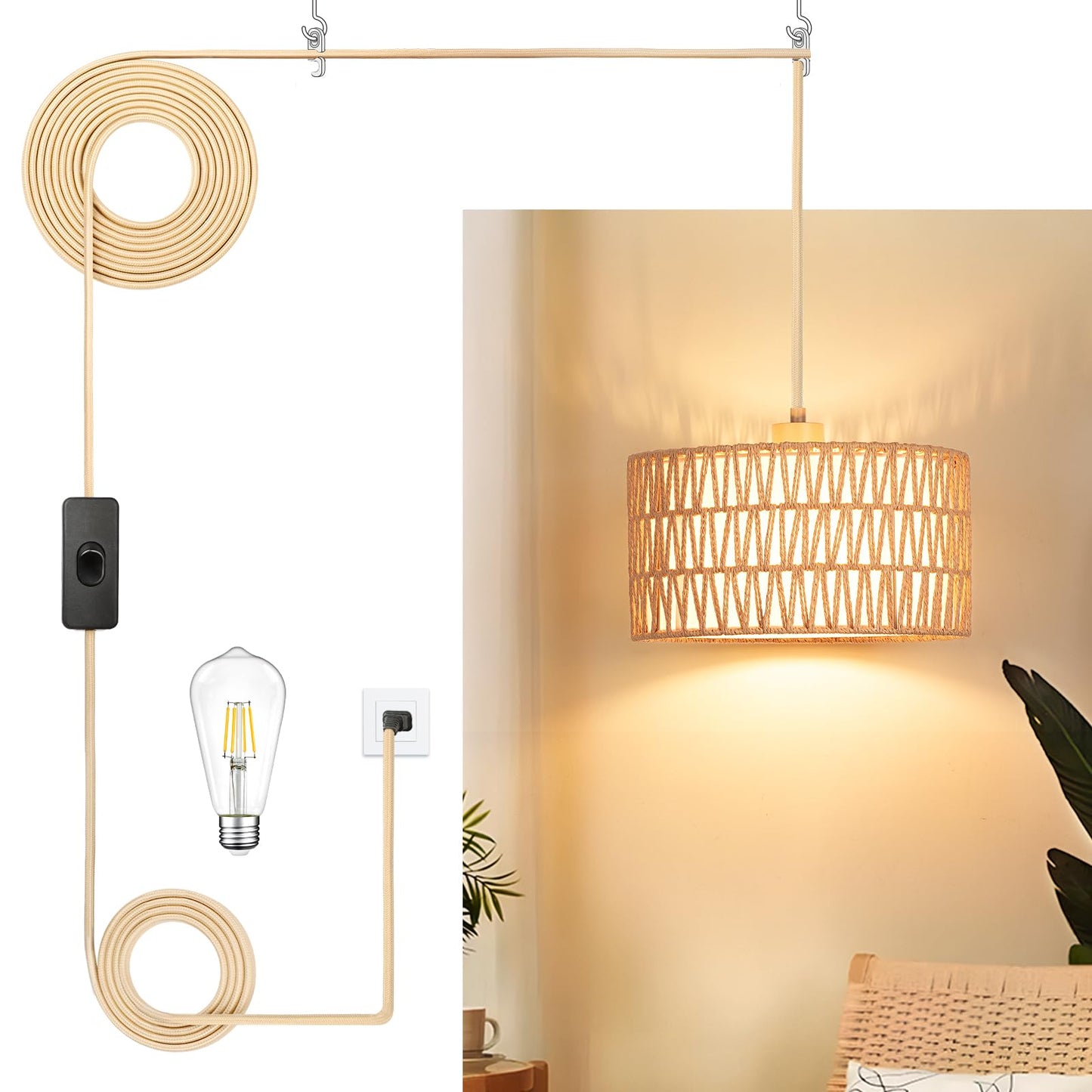 Qingmiao Boho Plug in Pendant Light, Rattan Hanging Lamp Plug in with Woven Shade, 3-Way Dimmable Hanging Light Fixture for Living Room Bedroom Kitchen Ceiling Home Decor
