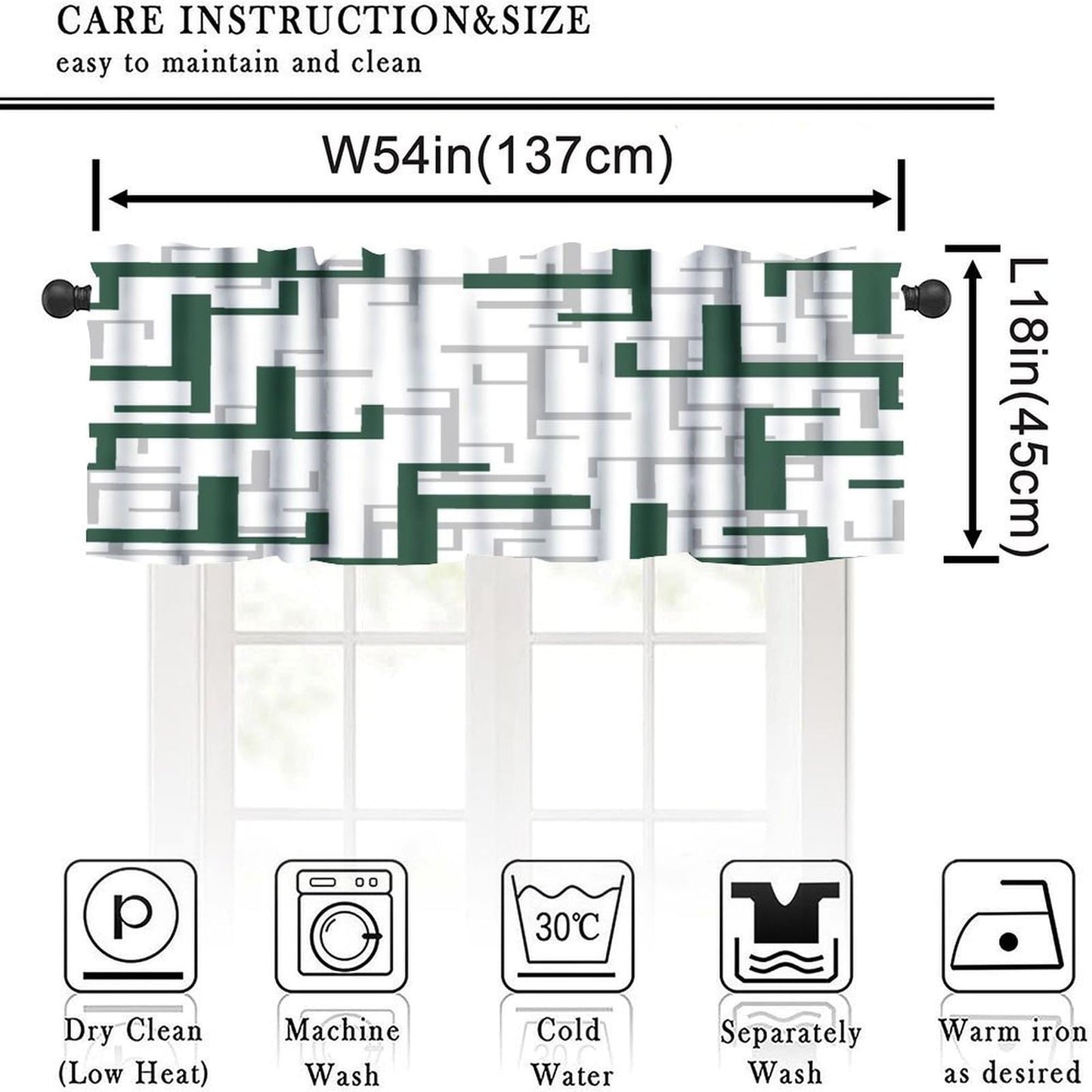 ZhiRain Green and White Valance Curtain Geometric Modern Spa Rod Pocket Valance Window Treatments Short Curtains for Kitchen Bathroom Farmhouse Living Room Bedroom Decor 54x18inch