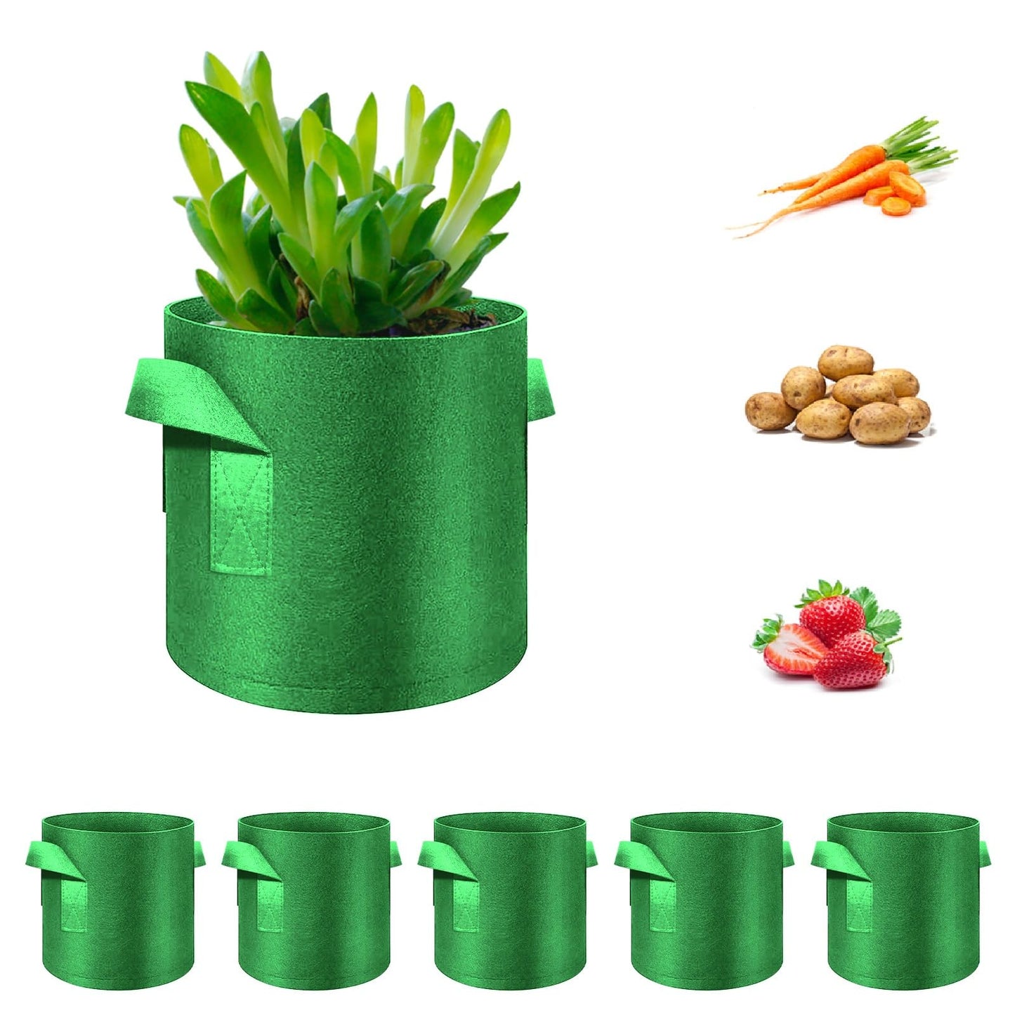 FineGearPow 5-Pack 15 Gallon Grow Bags Heavy Duty Thickened Nonwoven Fabric Pots with Handles, Plant Grow Bags for Vegetables/Flower/Plant/Fruits, Green