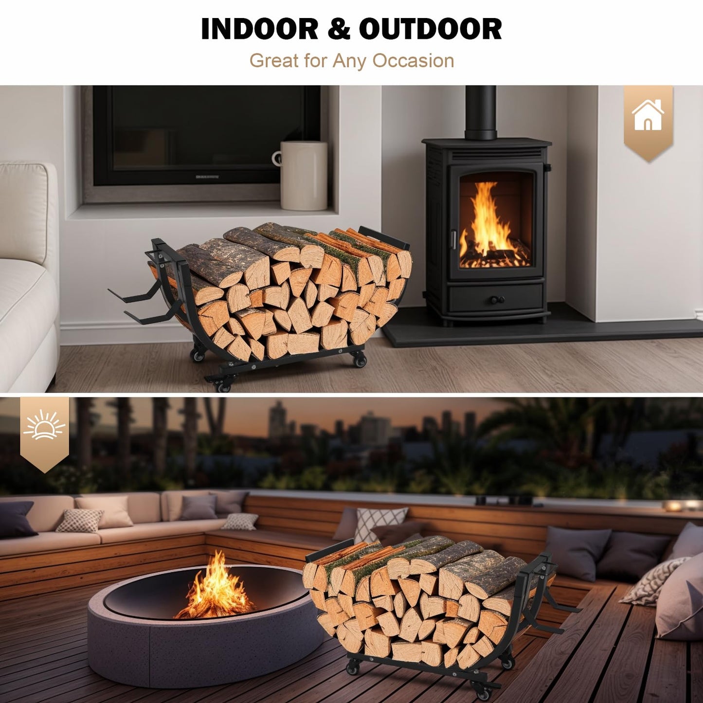 Freudeere 34 Inch Firewood Rack Outdoor Indoor with Handle and Lockable Wheels, Stable Metal Wood Rack Heavy Duty Log Holder for Fireplace Patio Deck, Rustproof Firewood Storage Organizer Tool